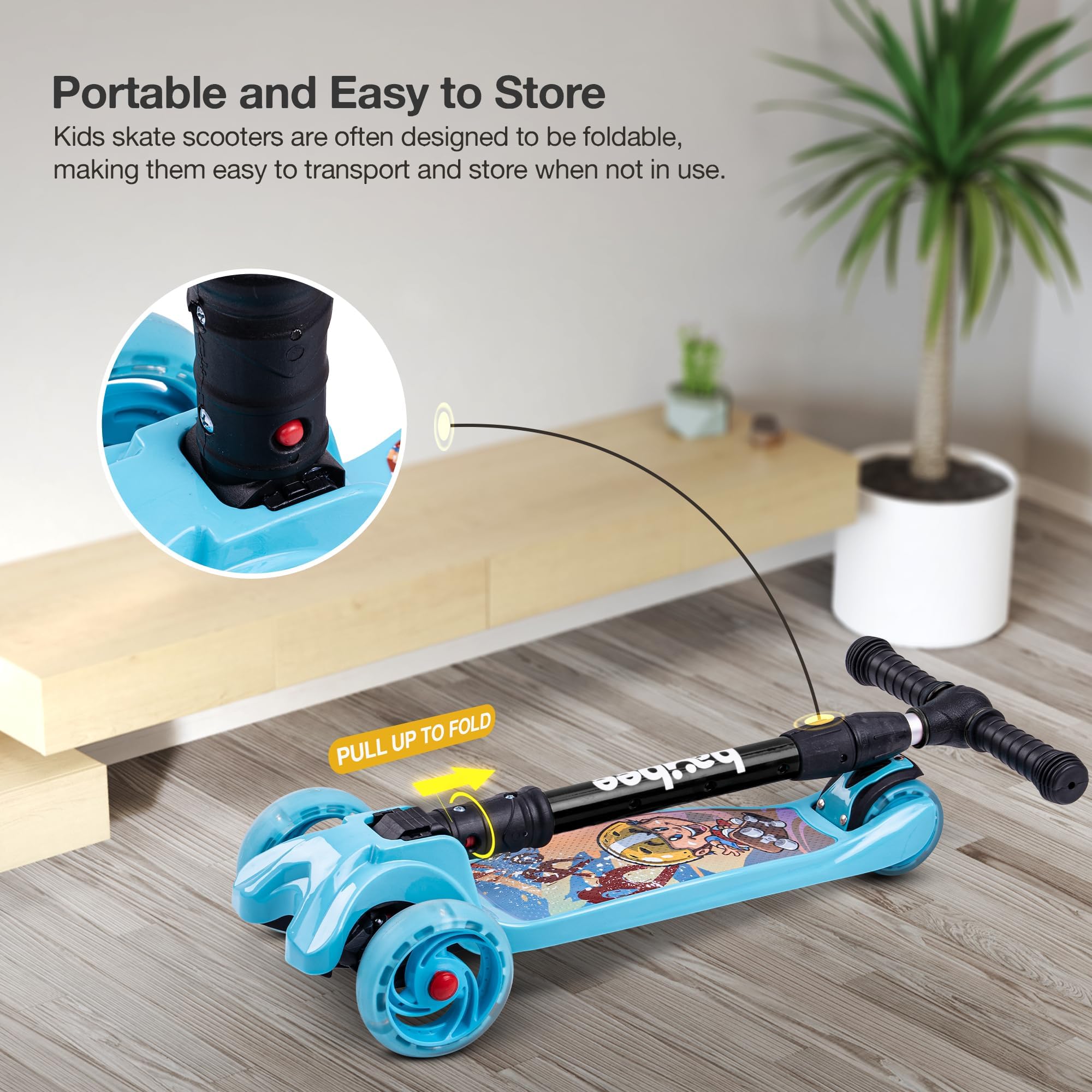 Baybee Flash Kick Scooter for Kids | Smart Foldable 3 Wheel Kids Scooter with 4 Height Adjustable, LED PU Wheels & Brake | Skating Scooters Upto 75 Kg Capacity | Skate Scooters for Kid (Light Blue) 3