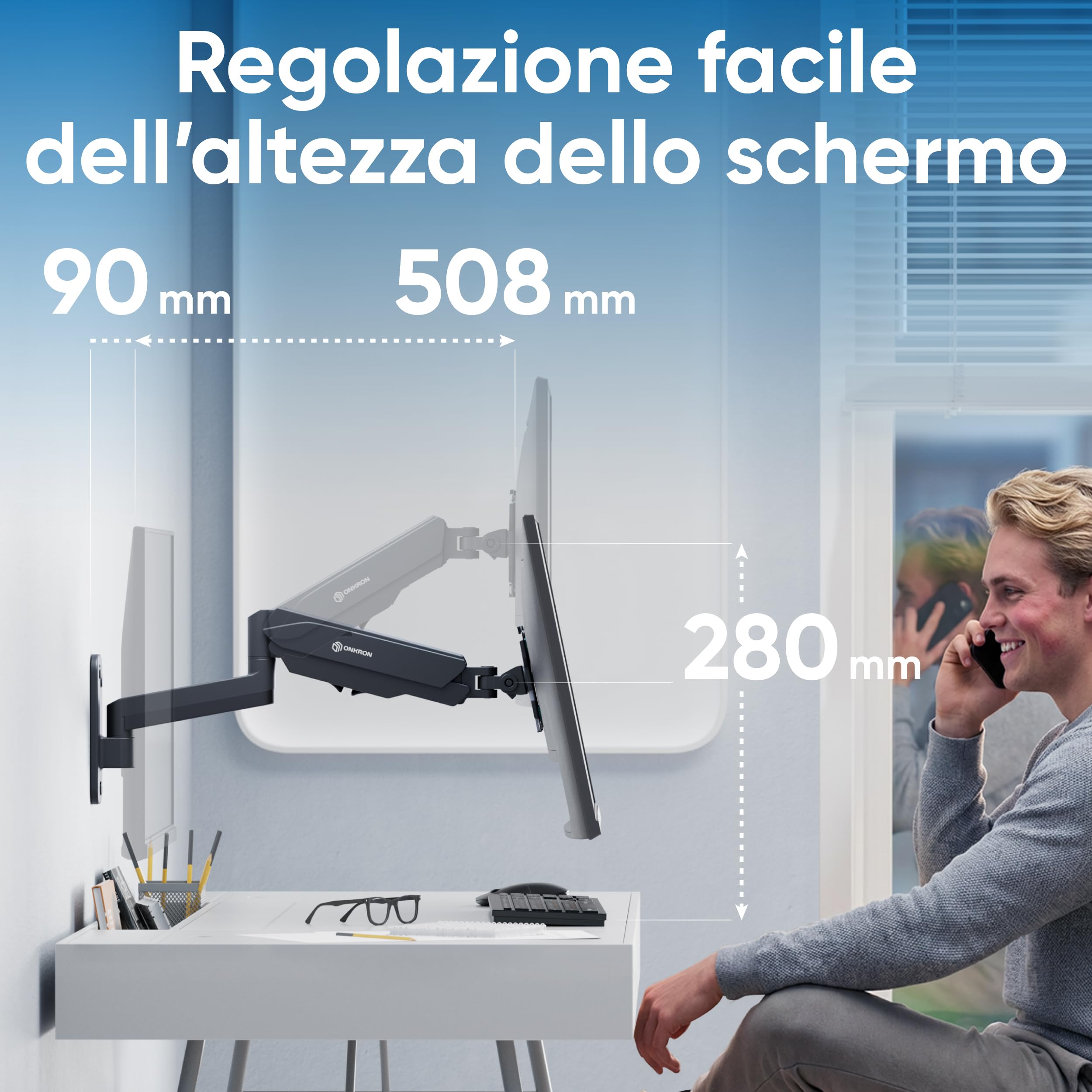 ONKRON Supporto Monitor Parete 13"-34", 8 kg, max VESA 100x100, G150-B | Braccio monitor da parete nero, inclinazione -45° / +90°, girevole, rotazione completa, cavi nascosti; per ufficio, studio