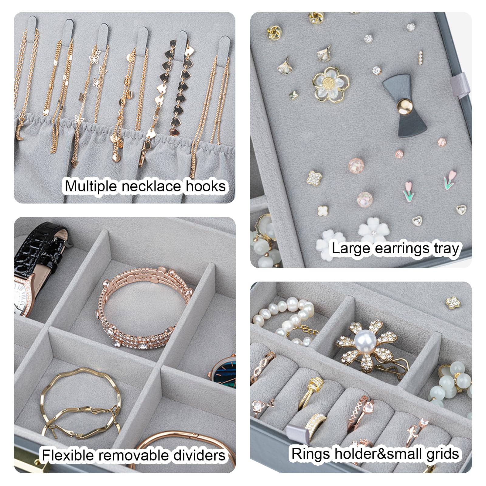 Reise-Schmuckkästchen, große Schmuckschatulle, Reise-Organizer, Schmuckkoffer mit Griff, abnehmbares Tablett, bestes Geschenk für Frauen und Mädchen (grau)