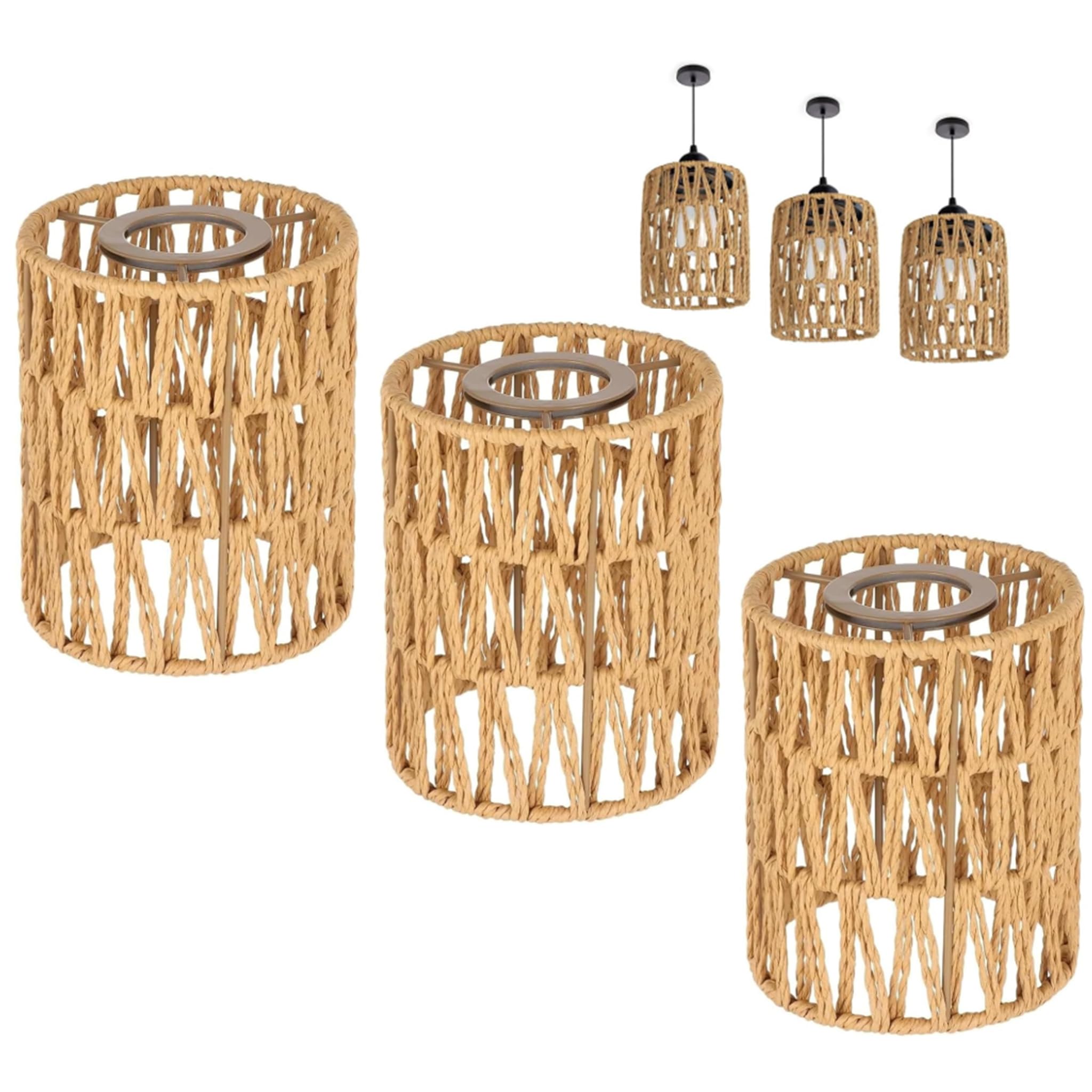 3 Pcs Rattan Lampshade, Cylinder Handwoven Woven Lampshade Weaving Handicraft Replacement Lamp Shades Natural Light Shade Light Cover for Living Room Kitchen Hallways