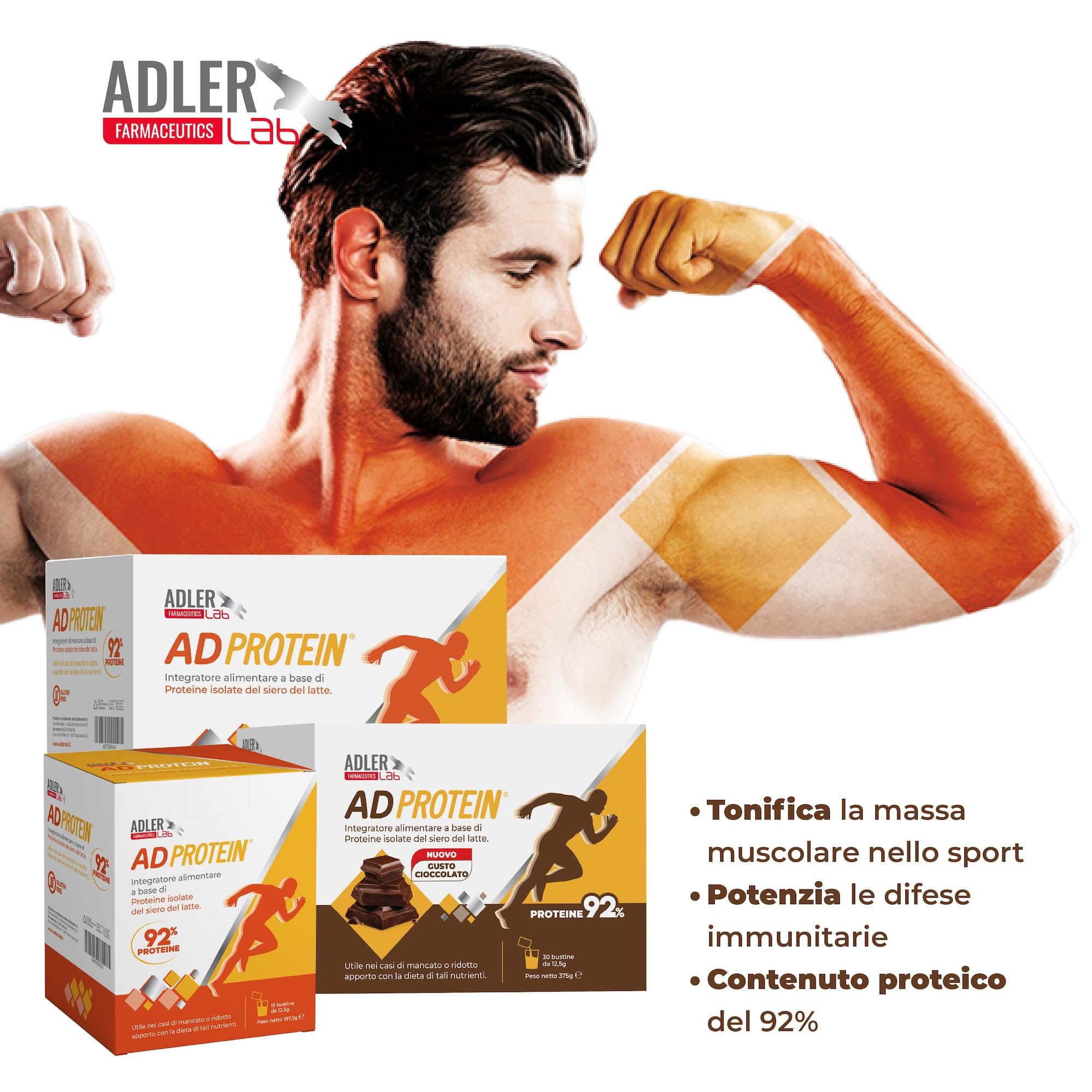 Adler Lab ADPROTEIN Integratore, 30 bustine gusto cioccolato con proteine isolate del siero del latte (92%). Rapido assorbimento, aminoacidi essenziali, basso lattosio (<1%), senza glutine.