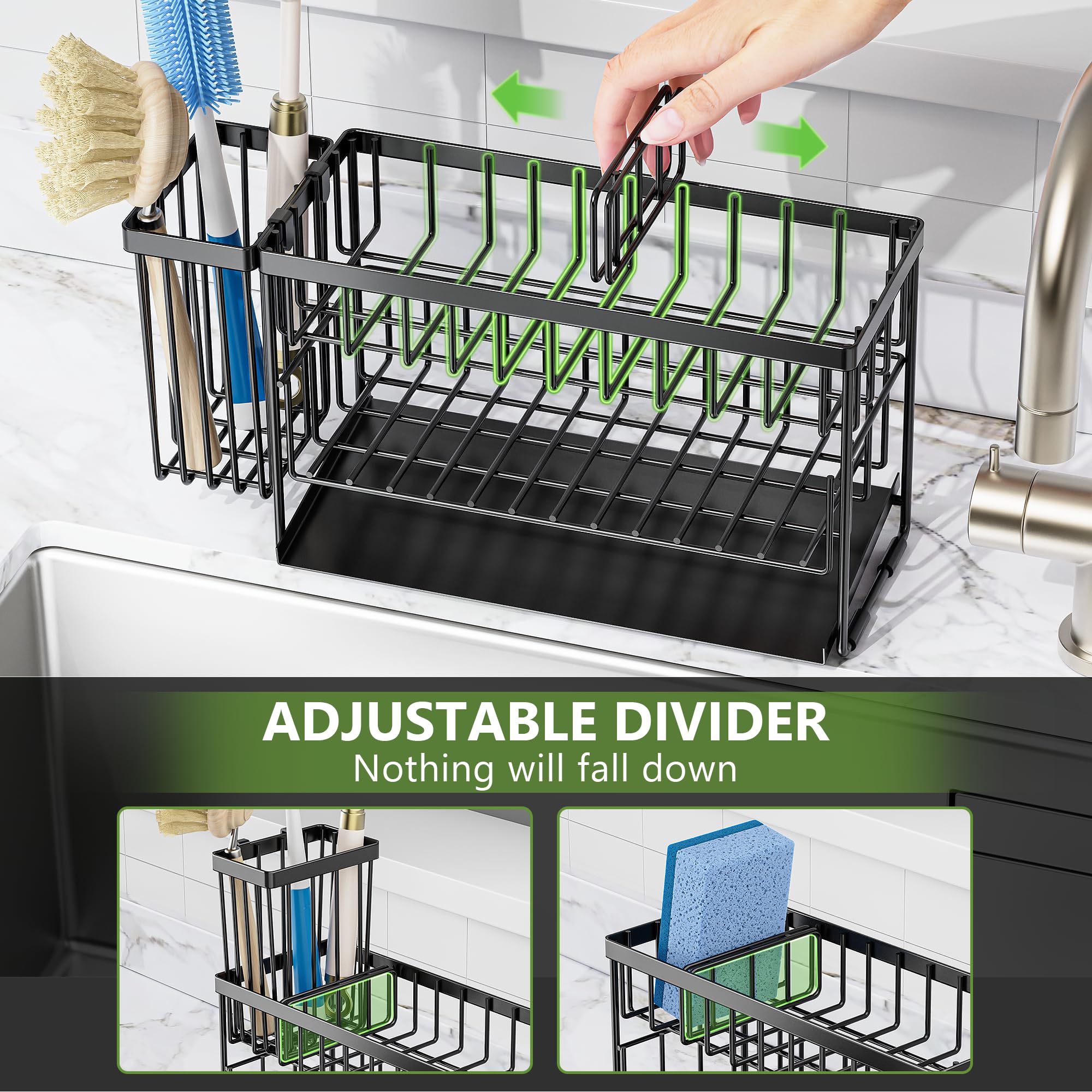 Cisily Organizador de fregadero de cocina de 2 niveles con soporte flexible para cepillo de platos, soporte de esponja para fregadero de cocina, almacenamiento de organización, accesorios de