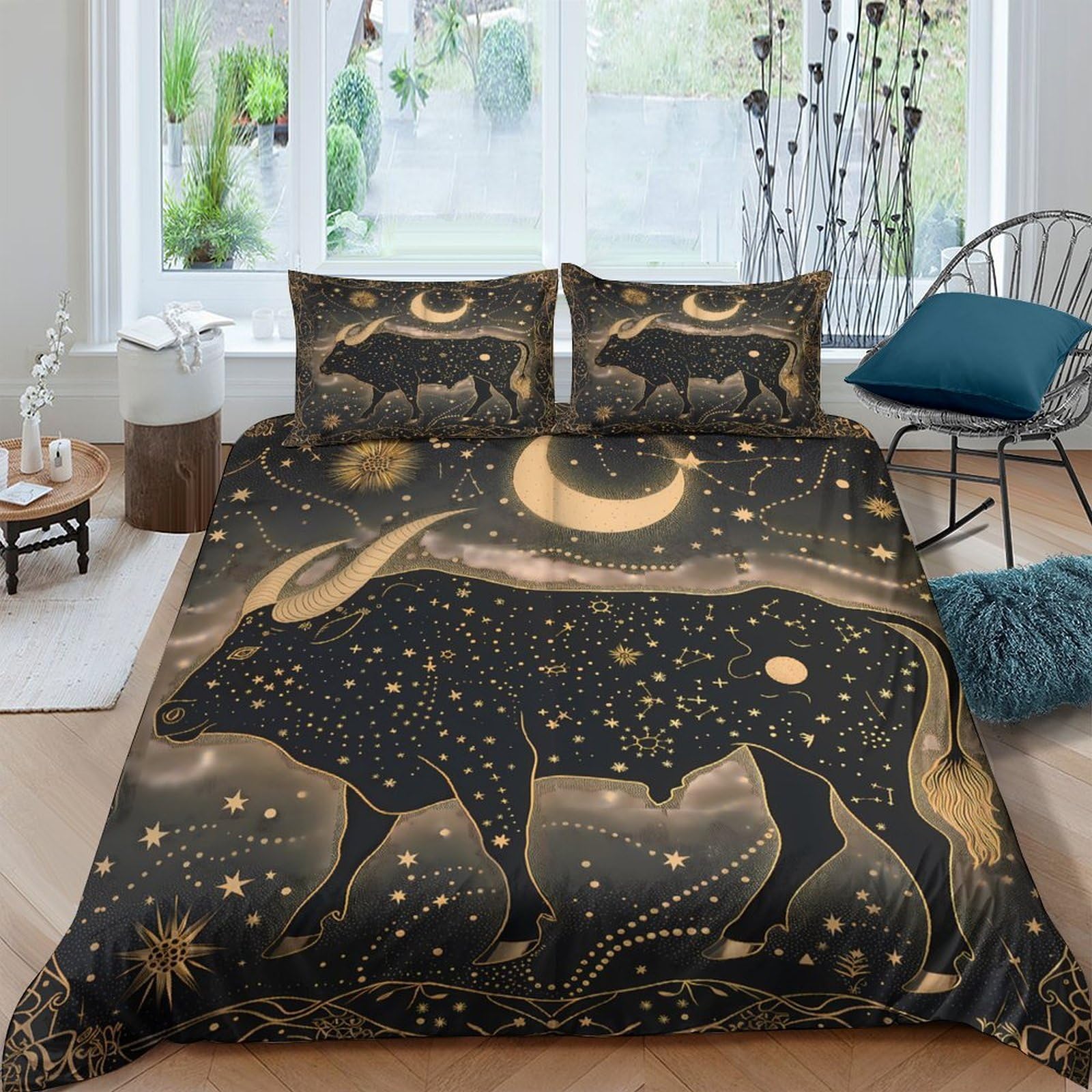 GPLZQXKJNH 3D Printed Night Sky Bull Duvet Cover Microfiber Soft Breathable Celestial Moon Bedding Set with 2 Pillowcases Single（135x200cm）
