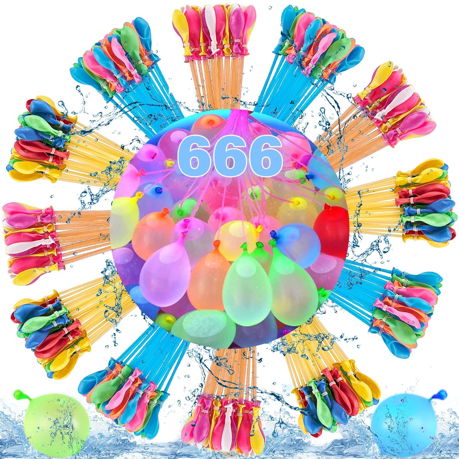 666 Pcs Self-Sealing Water Balloons Quick Fill, Biodegradable Latex-good for Summer Parties, Beach, Pool, and Outdoor Parties-Colorful Balloons for Kids and Adults, Water Bomb Fight Games - 666 Pcs Water Balloons