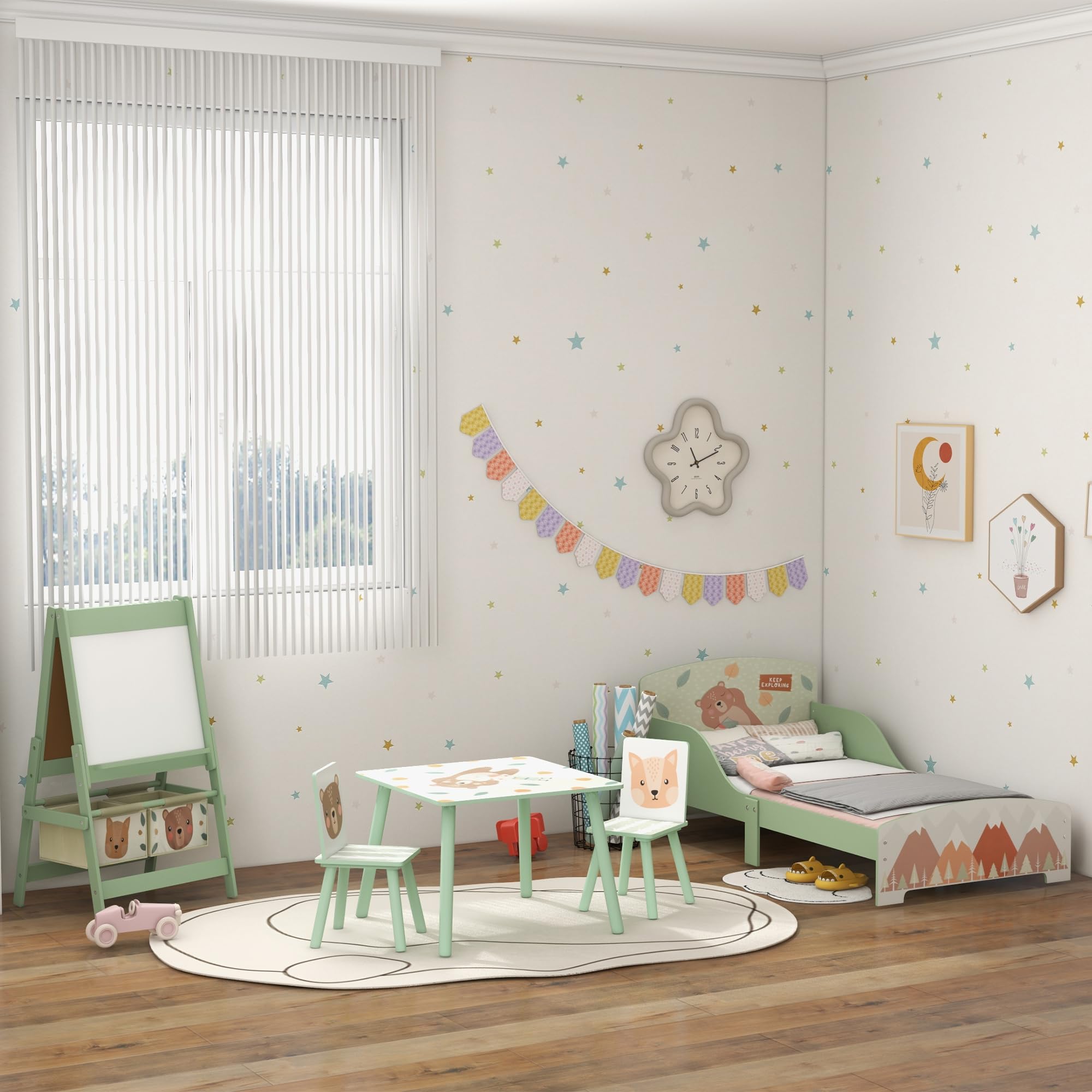 AIYAPLAY Tableau chevalet enfant ardoise double face tableau blanc tableau à craie rouleau papier 2 paniers 54 x 46,5 x 93 cm vert