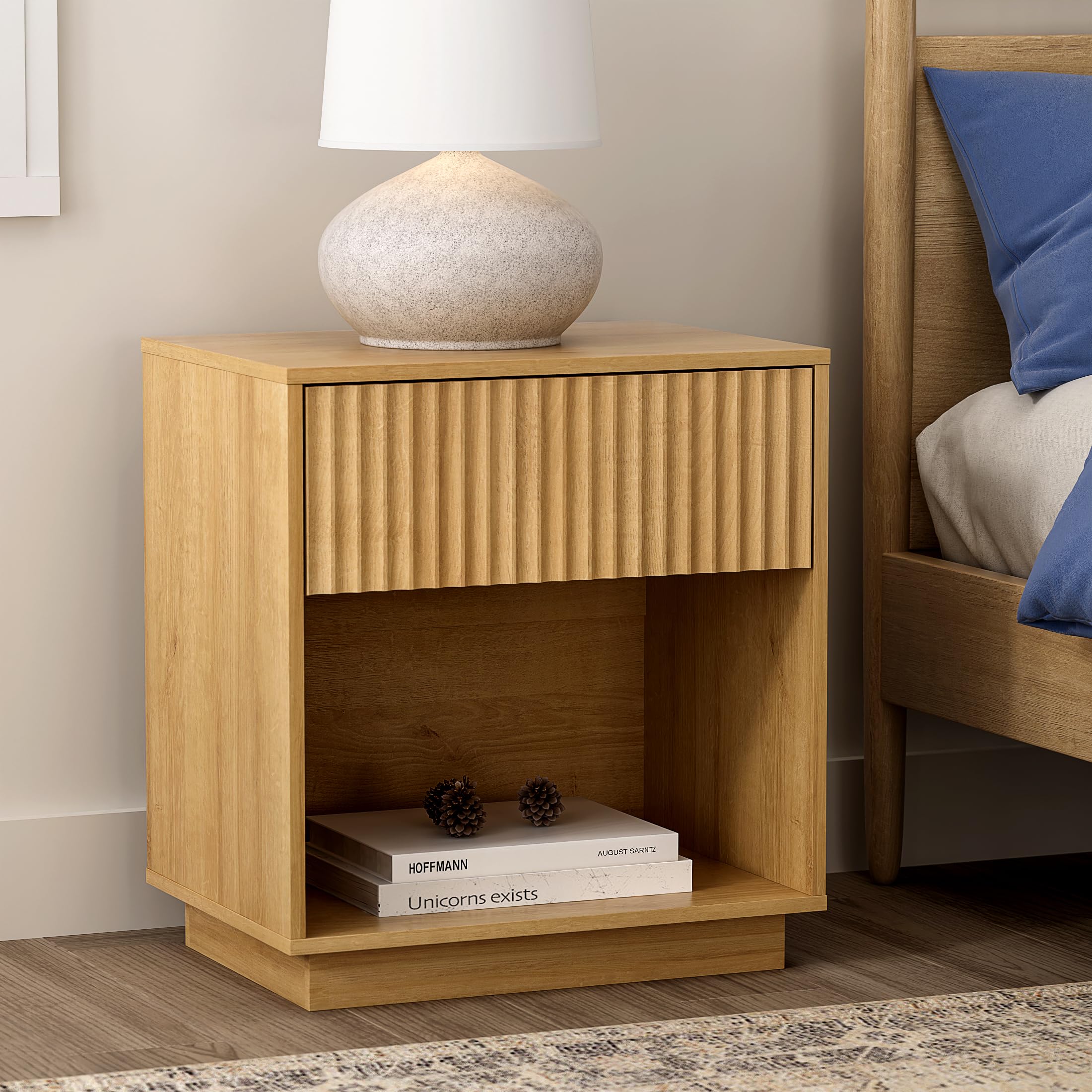 EYYTHUNG Mid Century Modern Nightstand, 22 Inch Wide Bedside Table with Large Drawer & Open Shelf, Easy Assembly Wooden End Table for Bedroom, Living