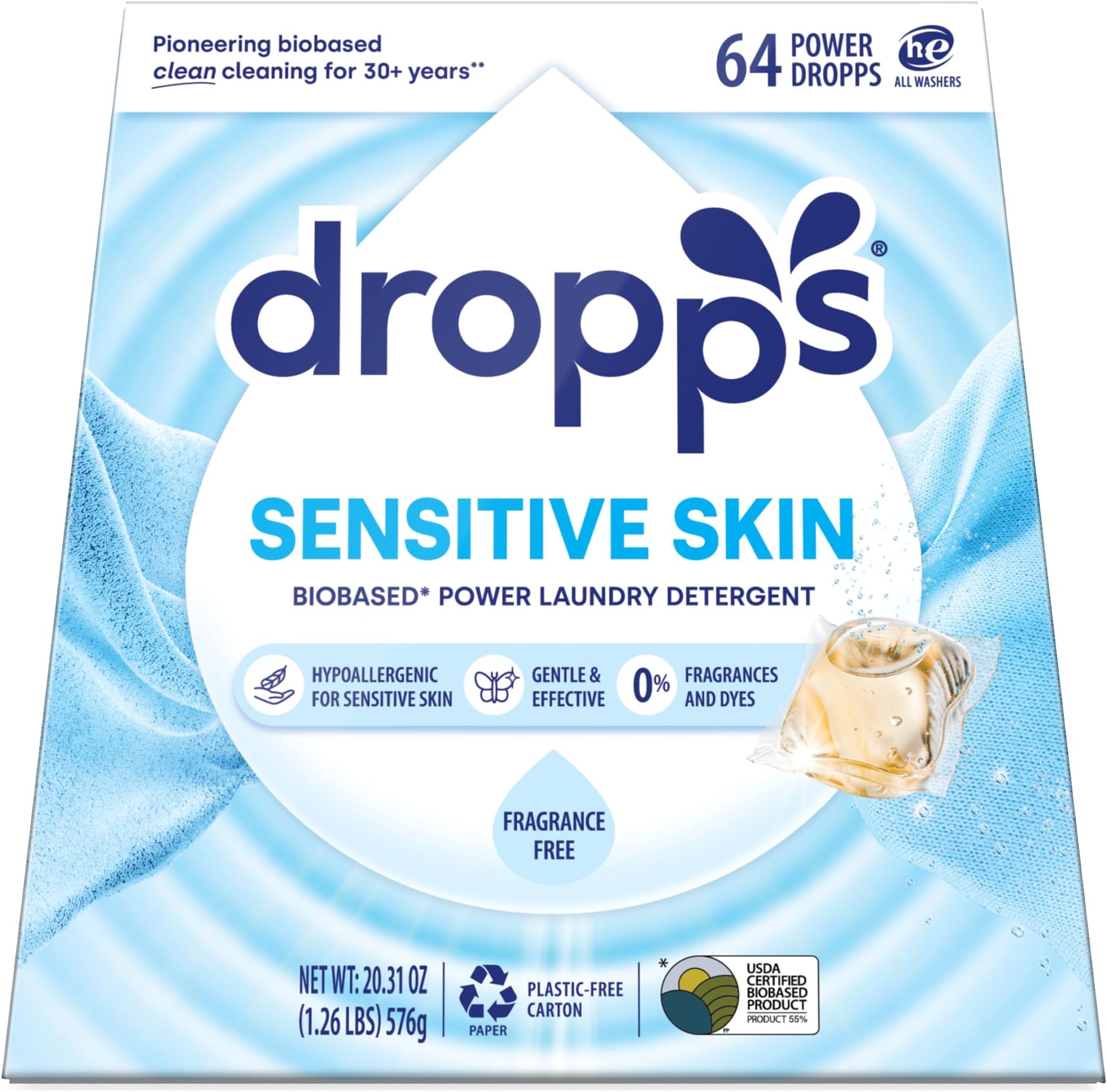 Sensitive Skin Laundry Detergent Pods, Unscented (64 Ct) - Hypoallergenic & Dermatologist Tested | Free & Clear | Laundry Pods for Sensitive Skin | Clean Ingredients | Plastic Free Packaging