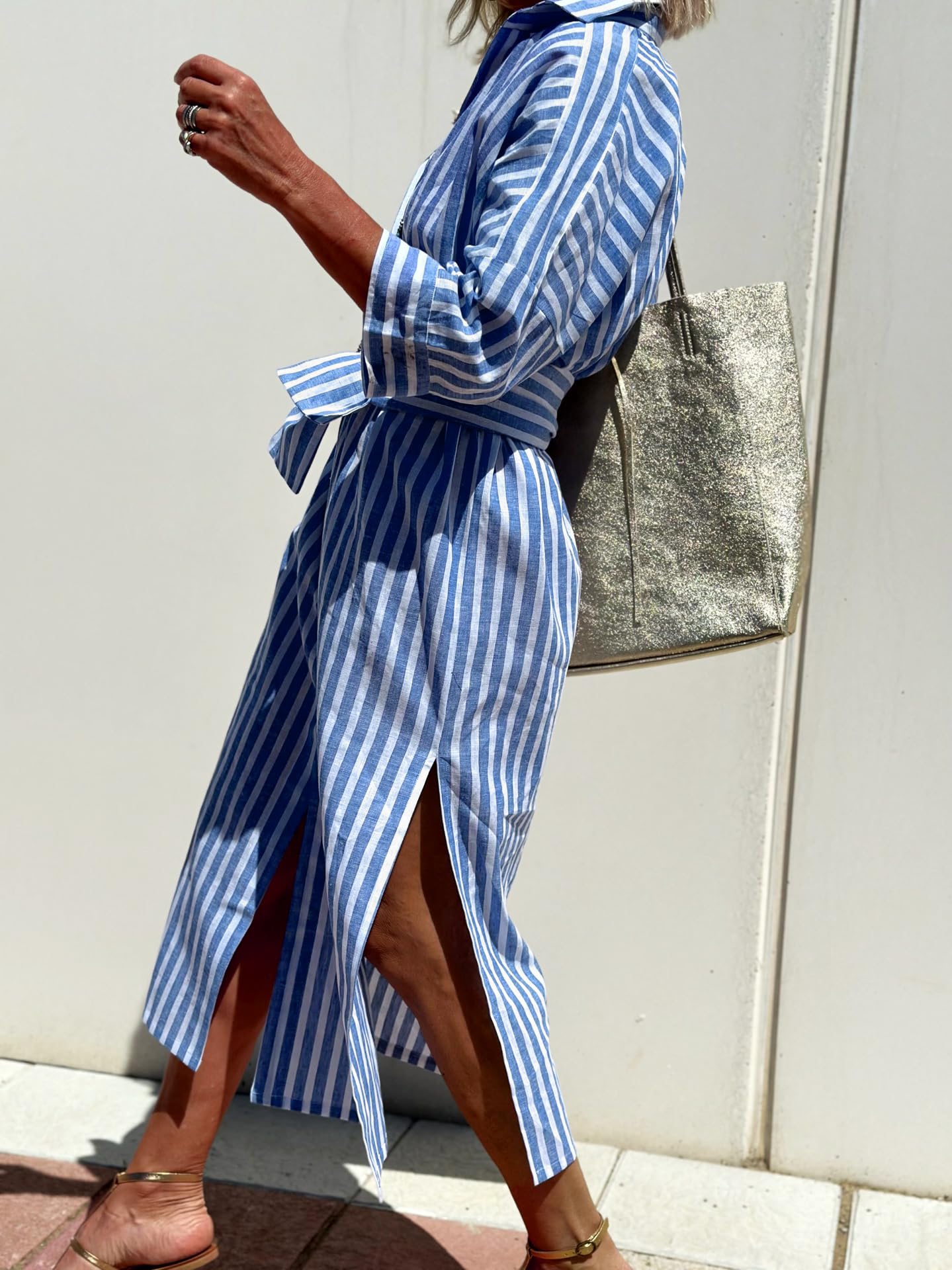 utcoco Abito da donna 2025, stile casual, con risvolto, maniche a 3/4, abbottonatura e cintura