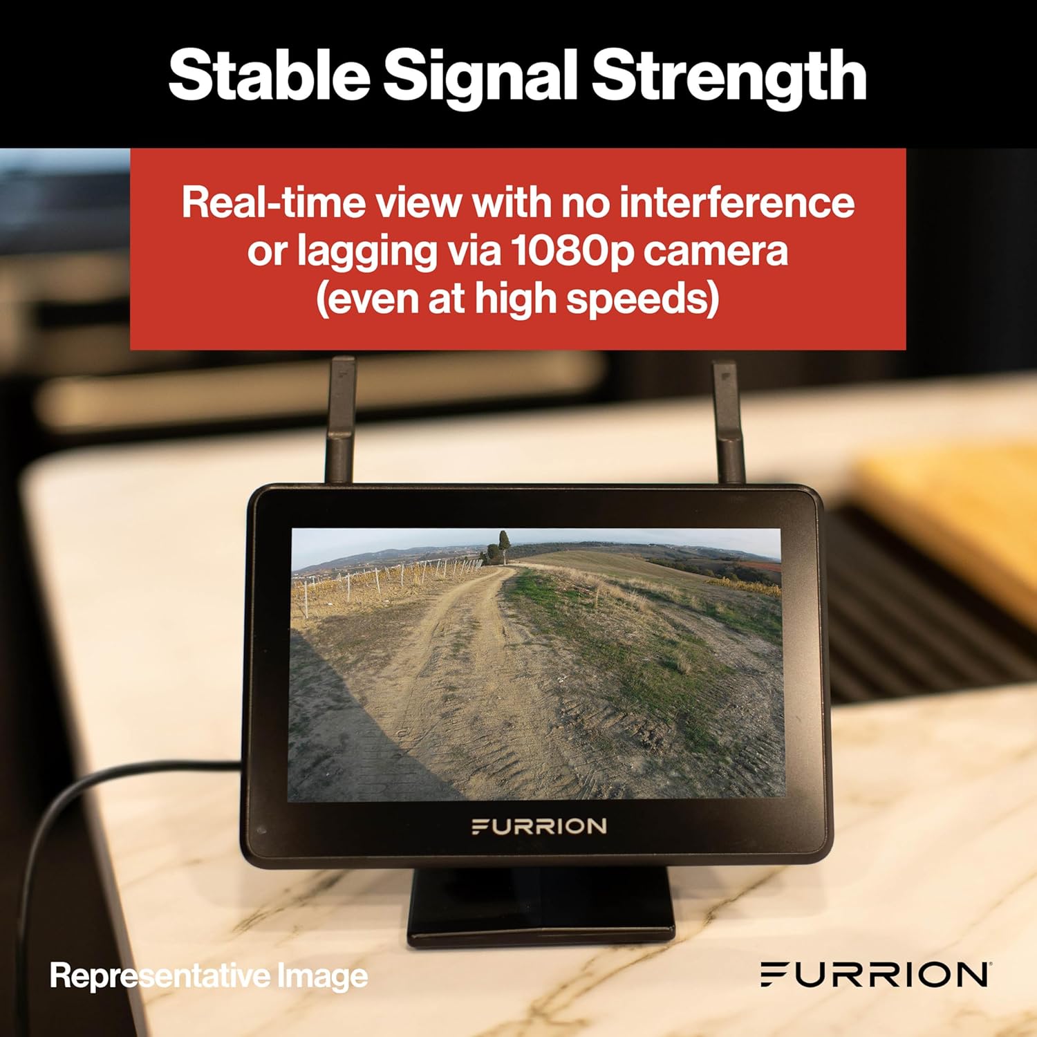 Furrion Vision S+ monitor displaying a clear road view