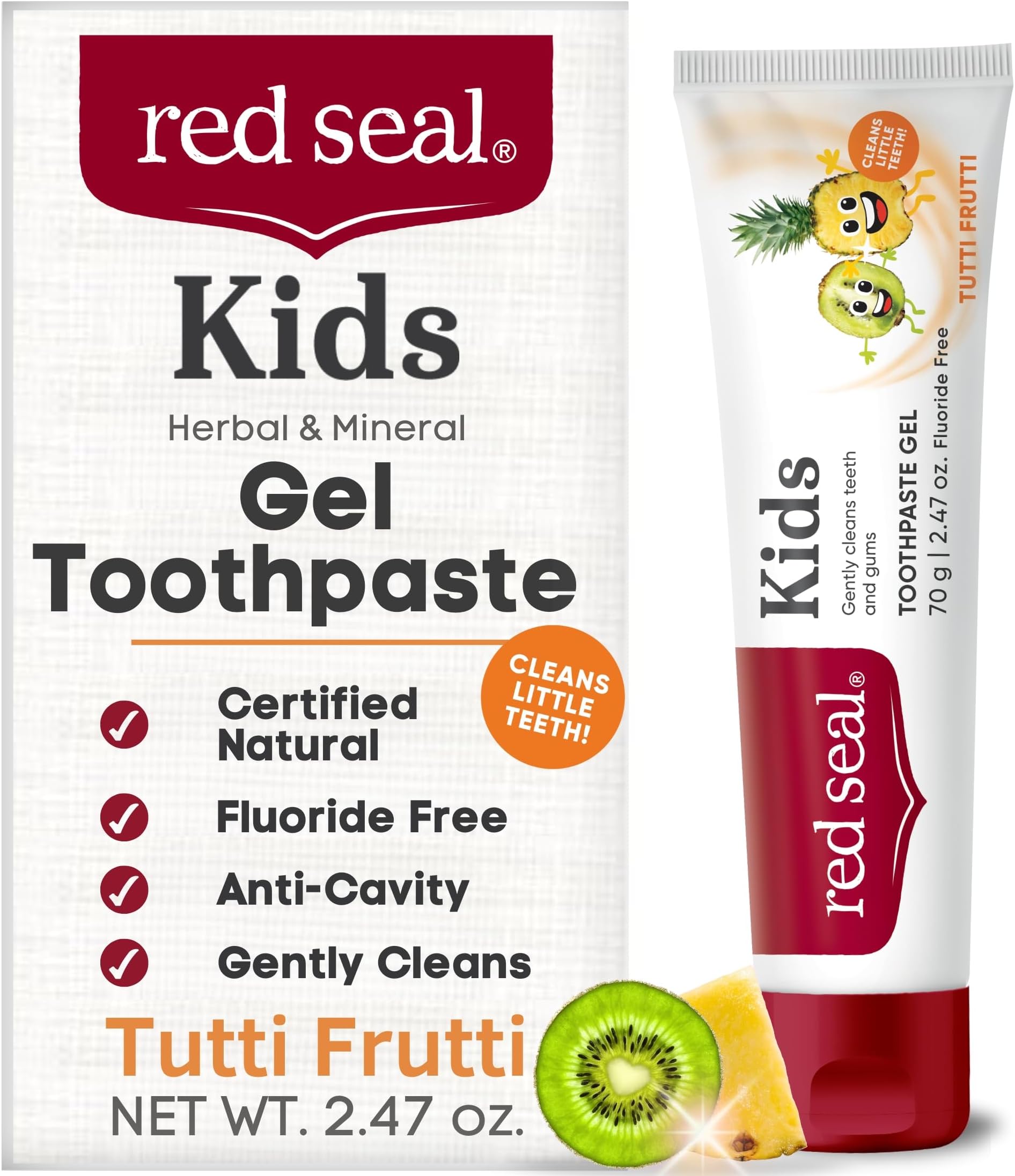 Red Seal Kids Toothpaste - Tutti Frutti Flavor, Fluoride Free, No Synthetic Colors, Paraben & SLS-Free, Vegan, Cruelty-Free, NATRUE Certified - Ideal for Parents Seeking Natural Oral Care, 2.47oz