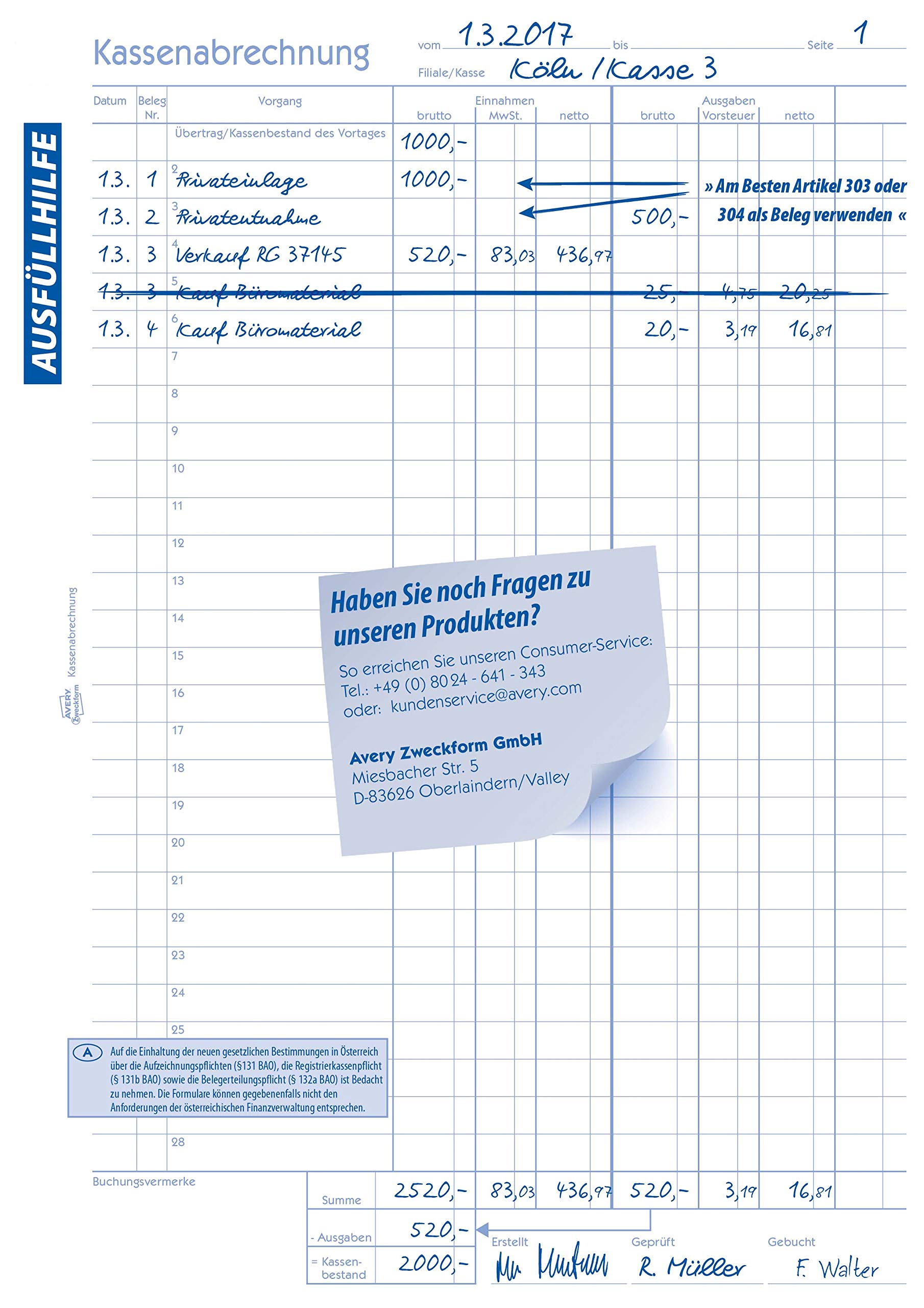 AVERY Zweckform 427-5 Kassenabrechnung (A4, 2x50 Blatt, 1 Blatt Blaupapier, MwSt.-Spalte für Einnahmen & Ausgaben, von Rechtsexperten geprüft, für DE/AT, ordungsgemäße Buchführung) 5er-Pack, weiß/gelb