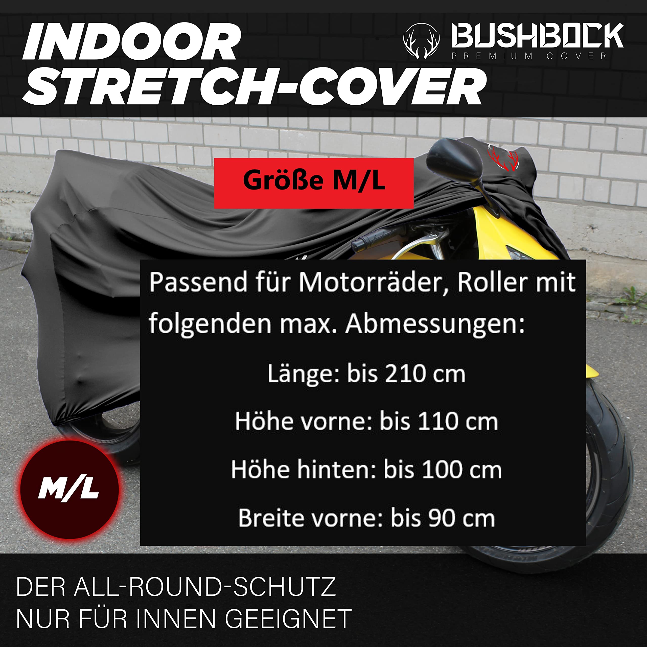 BUSHBOCK® Pokrowiec premium do użytku wewnątrz i na motocykl, elastyczny, oddychający, aksamitny rozciągliwy materiał (M-L, czarna)
