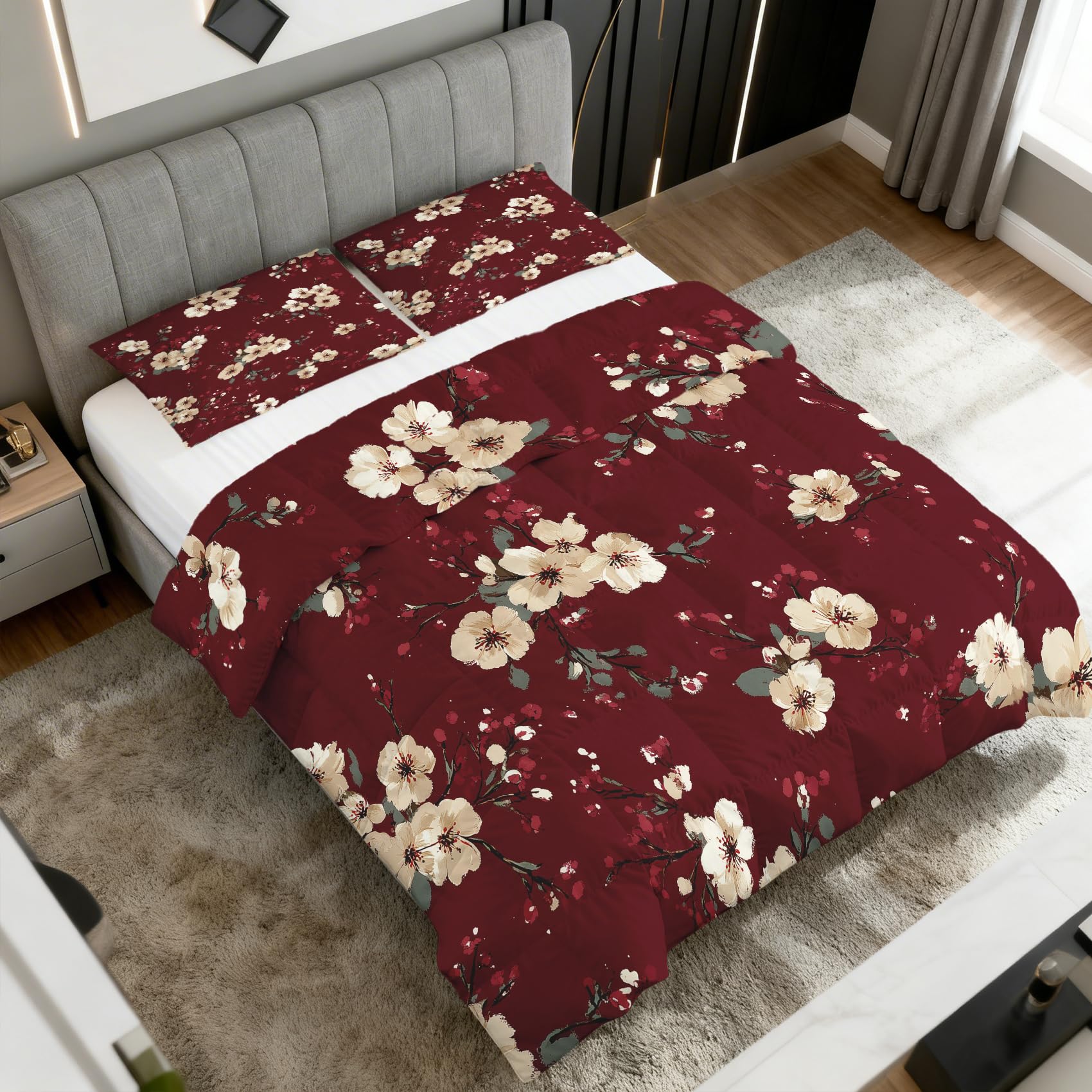 Blumenmuster Bettdecke 135x200 4 Jahreszeiten, Weinrot Bordeaux Rot Blumen Bettdecke Ohne Bezug Warm Steppdecke Ganzjahresdecke Winterdecke Mit Kissenbezug, Schlafzimmer Deko Blumenmuster