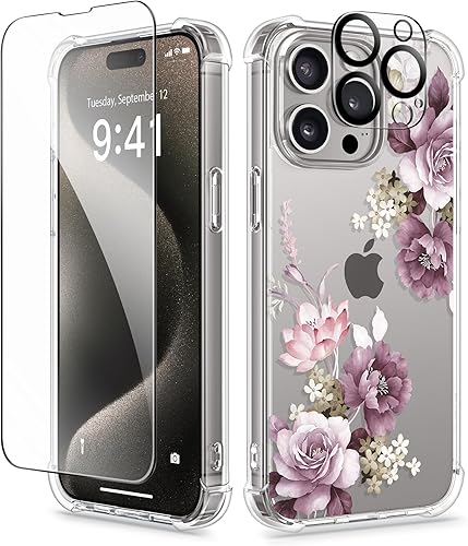 GVIEWIN Funda para iPhone 15 Pro floral, con protector de pantalla + protector de lente de cámara, No se pone amarillenta, delgada y a prueba de