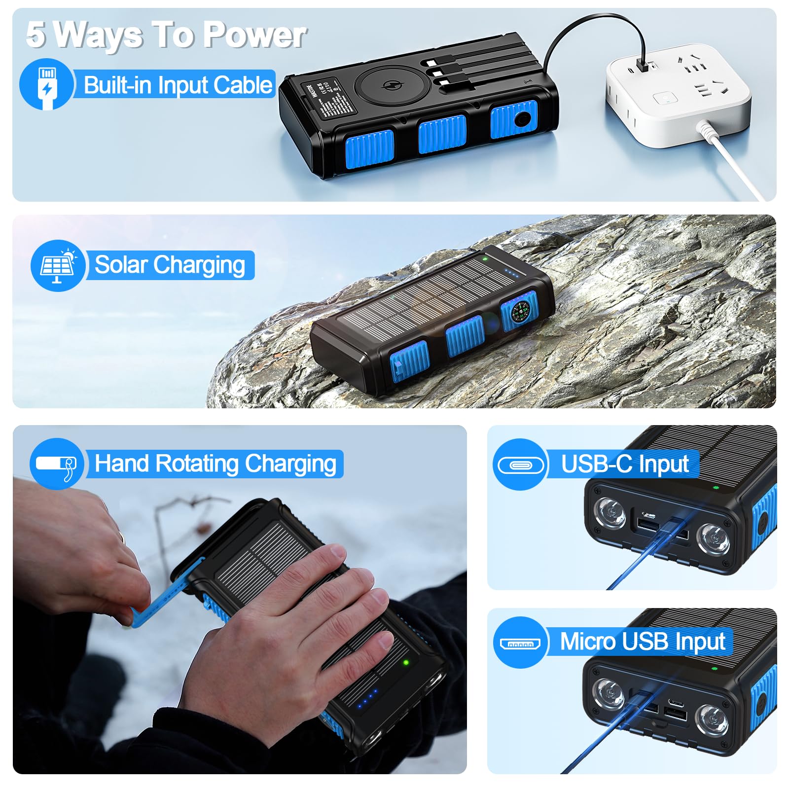 Power Bank Solare 26800mAh, Powerbank Wireless con Carica Solare, Manovella e 4 Cavi, Power Bank USB-C Ricarica Rapida 7 Uscite e 5 Ingressi per Telefono, Batteria Esterna Impermeabile per Campeggio