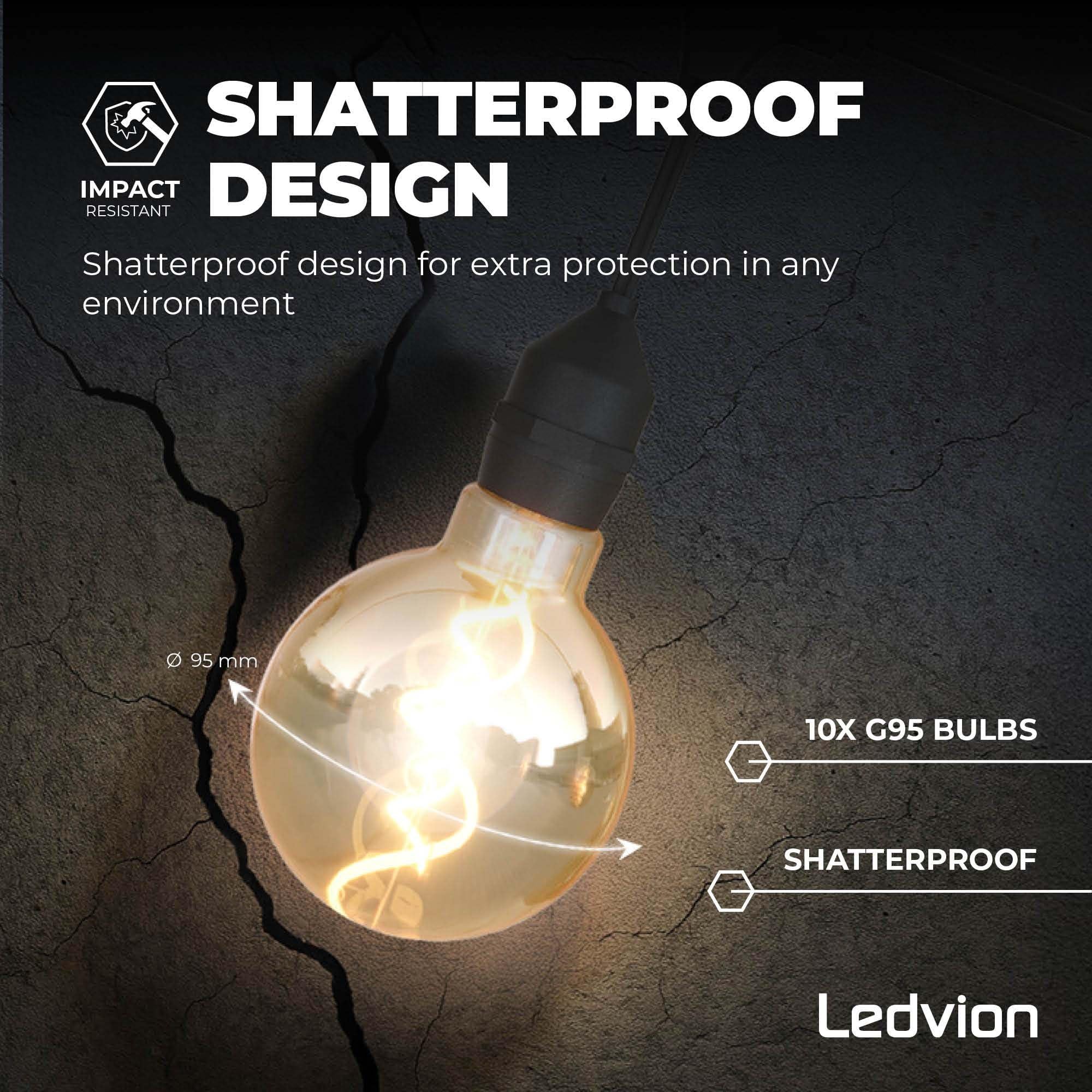 Ledvion - Guirlande LED 10M + 3M Câble d'Extension, Incl. 10 Ampoules LED E27, IP44, Connectable, Économique