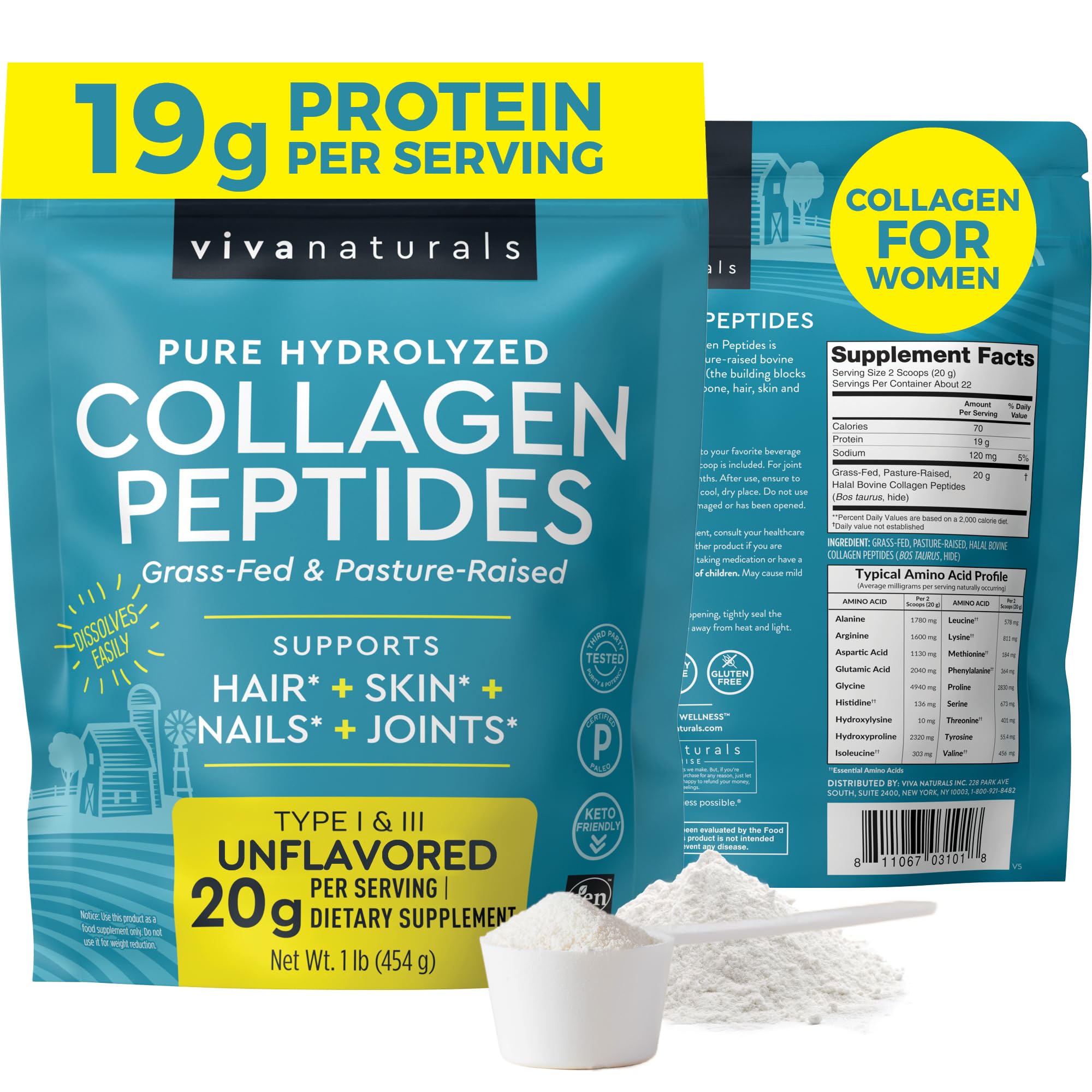 Viva Naturals Hydrolyzed Collagen Peptides Powder, 1 lb – Grass-Fed & Pasture-Raised Bovine Collagen, Type I & III, Unflavored Powder for Hair, Skin & Nails