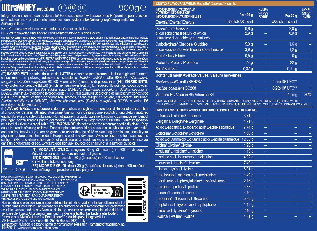 YAMAMOTO NUTRITION Ultra Whey WPC S EVO 900 gr, Integratore Alimentare di Proteine del Siero Concentrate e Spore di Bacillus, Aumento Massa Muscolare, Gusto Biscotto