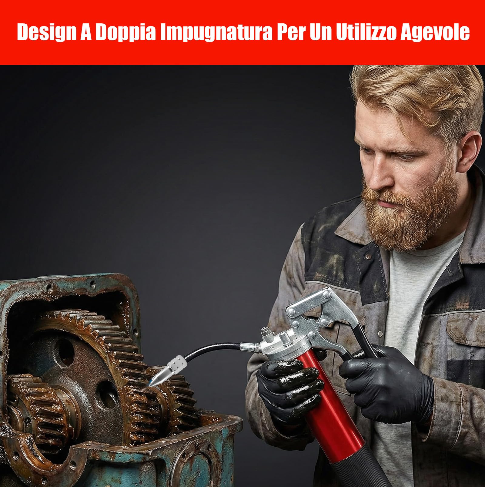 Pistola per Grasso Manuale 8000 PSI con Attacco Rapido, Tubo Flessibile, Tubo Metallico di Estensione e Ugello Affilato, Kit Ingrassatore per Auto, Veicoli e Attrezzature Industriali, Cartuccia 400g