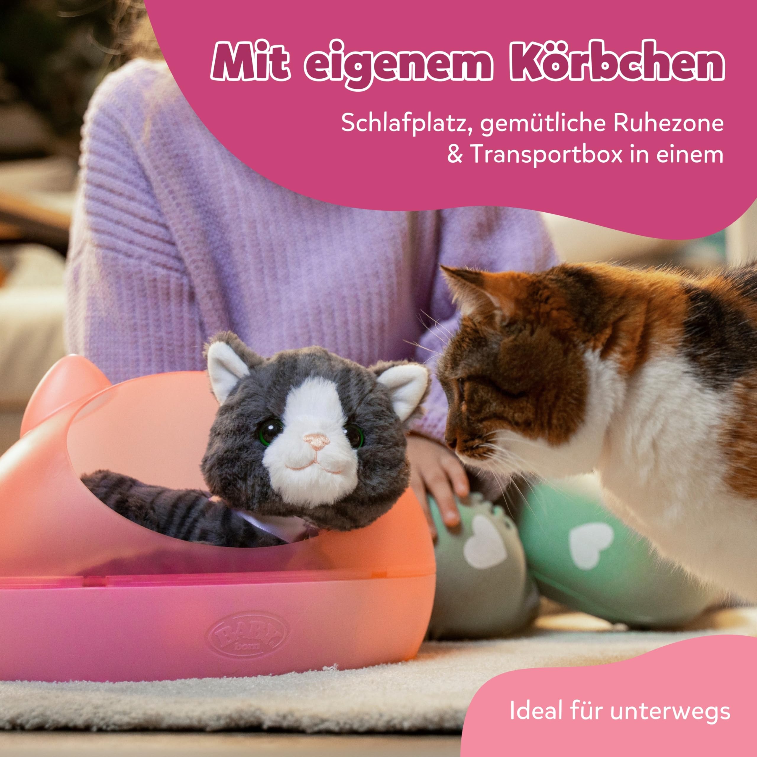 BABY Born Meine Katze Cookie - Kuscheltier mit Sound & Vibration - Inkl. Katzenkörbchen - Funktioniert mit Batterien - Geeignet für Kinder ab 1 Jahr
