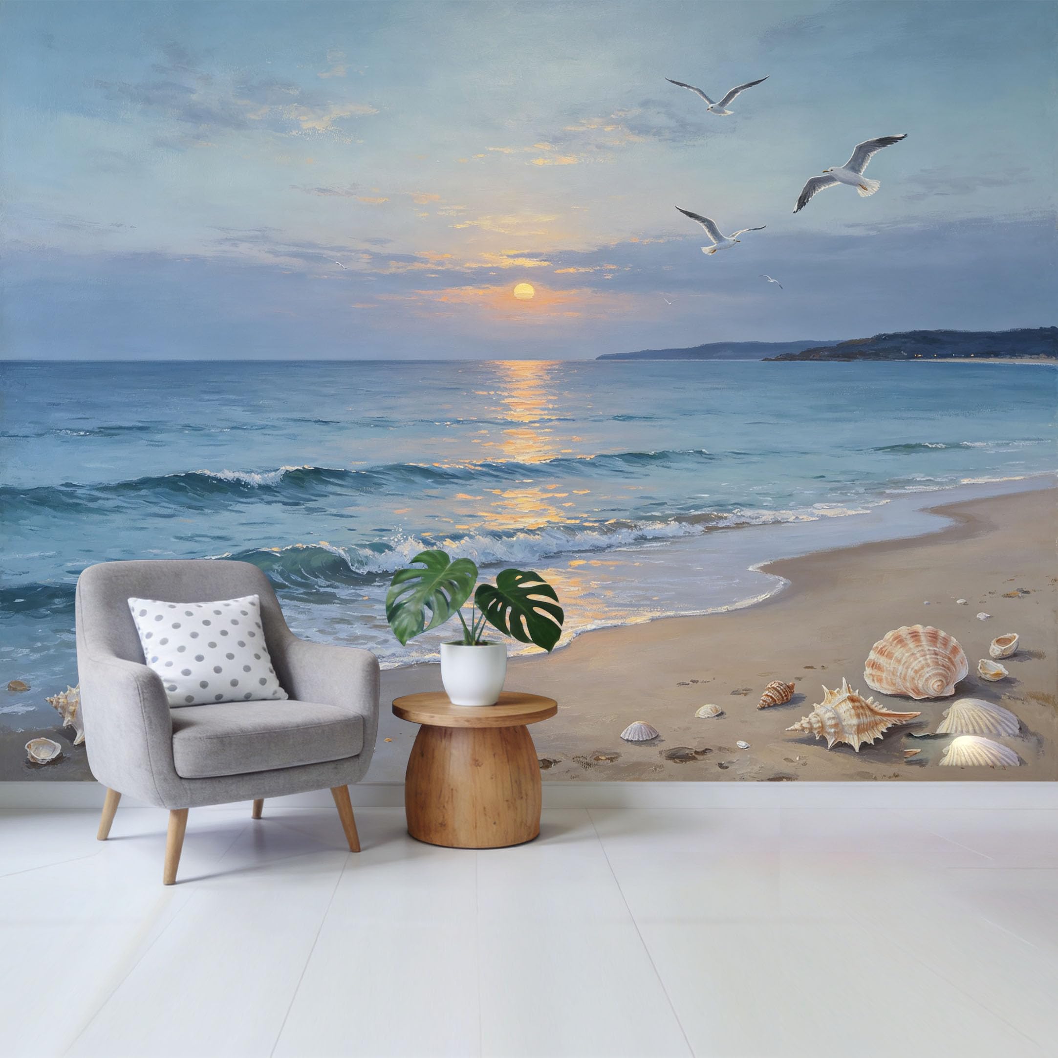 Qzlithotic Yq2605250009 Custom Size Wall Mural Coastal Ocean Sunset Seascape Seagull Seashells Oil Painting Style Selfadhesive Wall Fabric Removable Wallpaper For Home Office Decor
