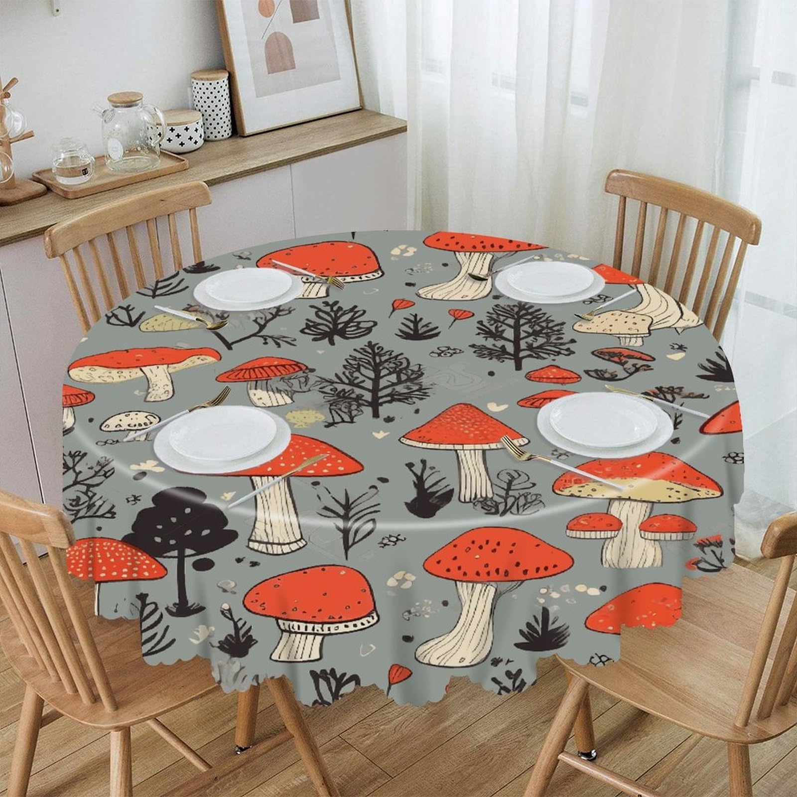 FekiLoot Mushroom2 Round Tablecloths 60 Inch Resistant Washable Polyester Table Cloth Style Decorative Circle Fabric Table Cover for Dining Kitchen Party Farmhouse Outdoor