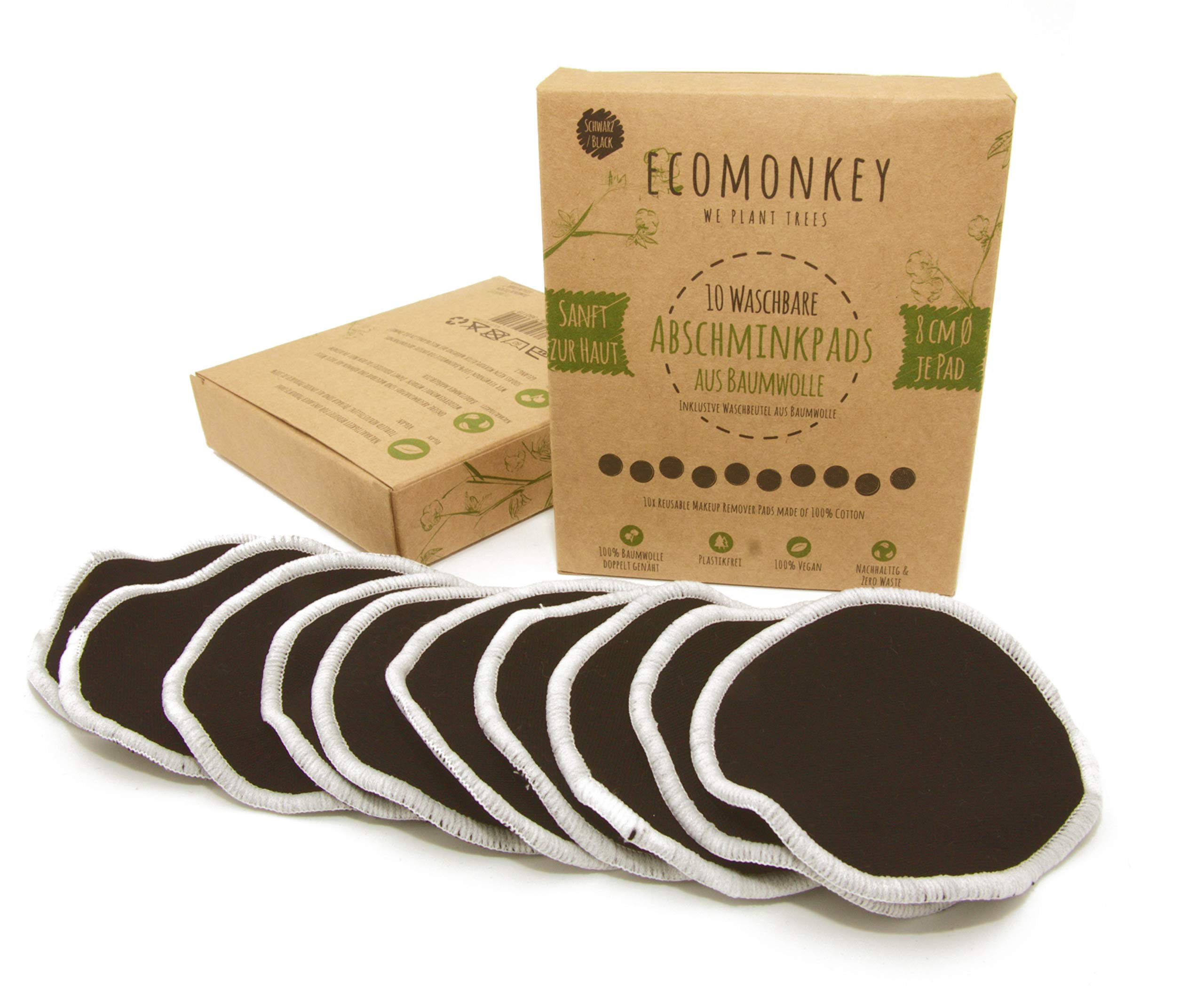 ECOMONKEYWashable Cotton Make-Up Pads ✮ Pack of 10 in Black ✮ Plus Laundry Net ✮ Zero Waste ✮ Plastic-Free ✮ Vegan ✮ Sustainable ®