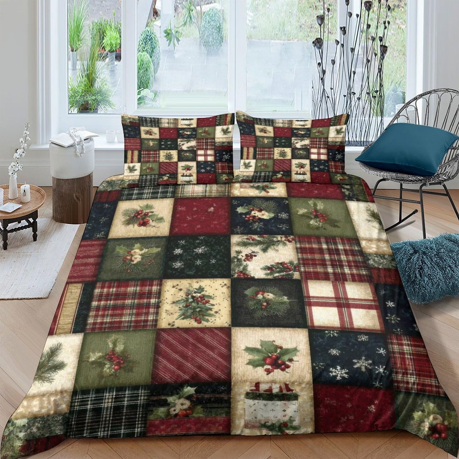 Ctjqhvkz Style-1 3D Printed Patchwork Christmas Tree Fitted Sheet Microfiber Soft Decorative Plaid Bed Cover For Bedroom Guest Room Single（135X200cm）