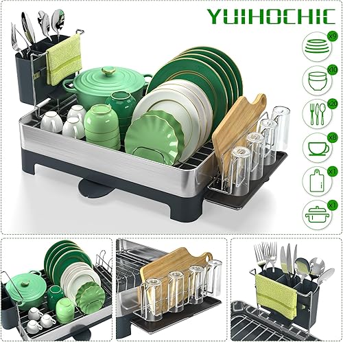 Miniatura 3 de Yuihochic Escurridor de platos, escurridor de platos de acero inoxidable con boquilla giratoria, escurridor, escurridor de platos resistentes a las