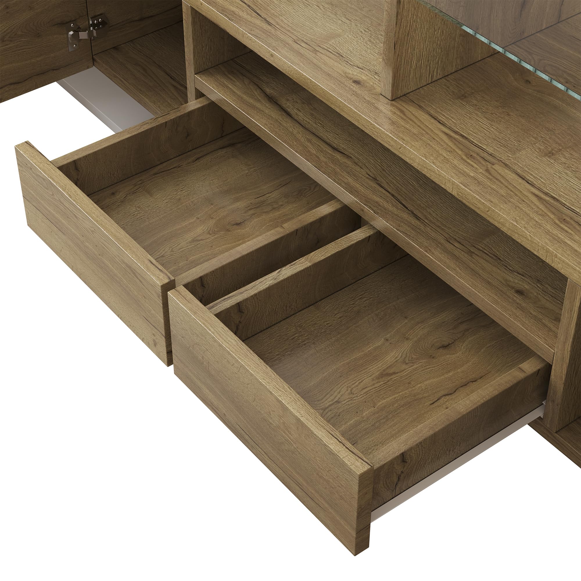 Elegante mueble de TV de 145 cm, color blanco brillante, bancos de TV con iluminación LED y tablero de cristal para salón, diseño moderno (blanco y color madera, 145 cm)