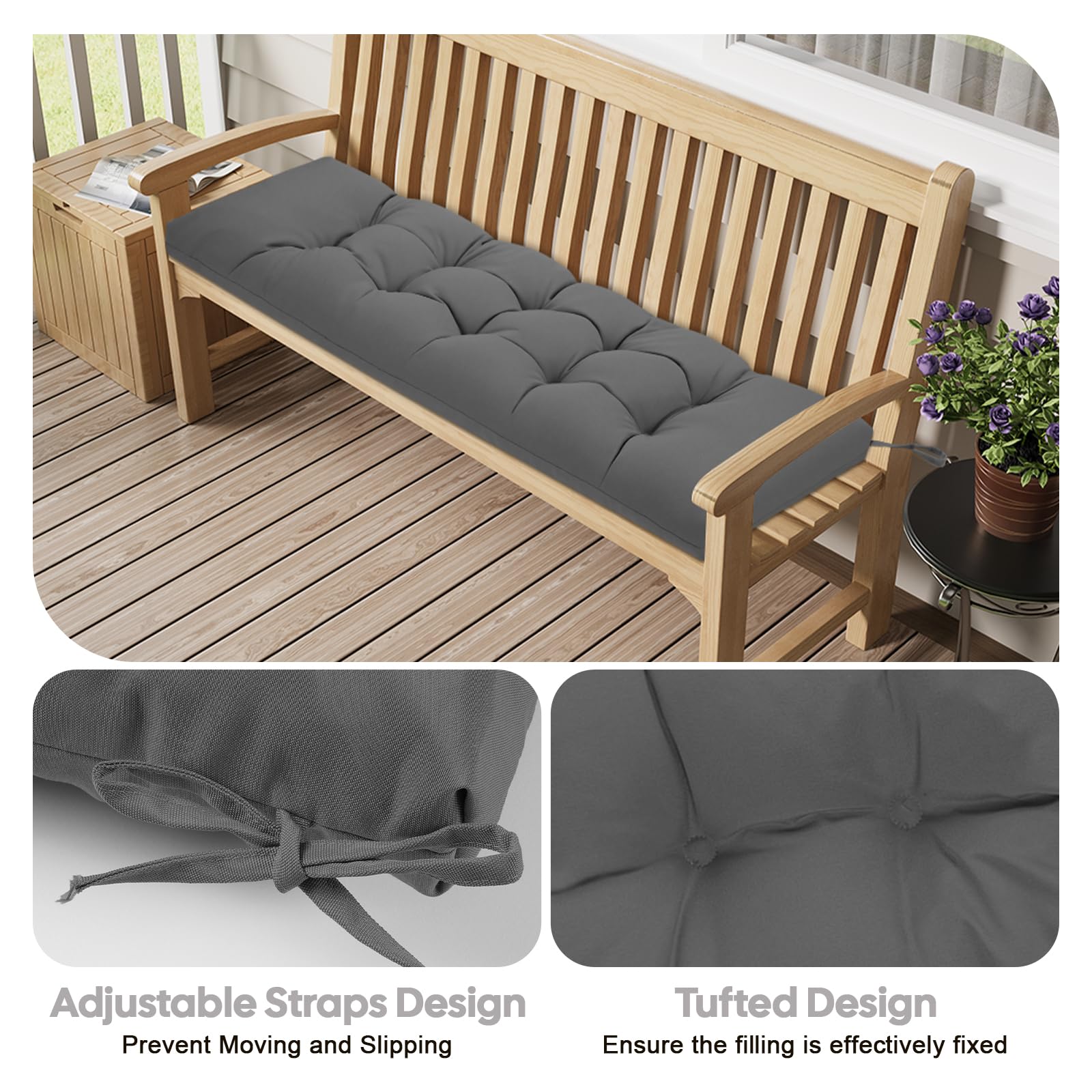 PRIMEPATIO Outdoor Garden Bench Cushion, 8cm Thick Tufted Waterproof Long Bench Seat Pad with Ties, Replacement Cushion for Patio, Lawn & 3 Seater Loveseat Furniture, 143x52cm, Dark Grey — view 5