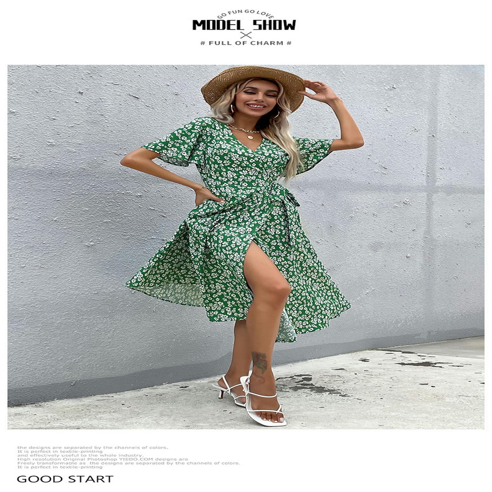 Vestido de verano casual con estampado floral para mujer, manga con volantes, cuello en V, manga corta, falda acampanada YYEFNMAZ