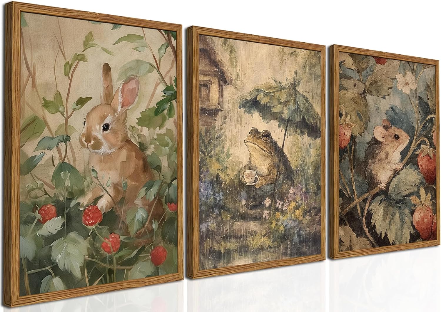 Framed Vintage Cottagecore Wall Art Set of 3, Cute Rabbit Frog Mouse Pictures Wall Decor, Rustic Animal Botanical Paintings Canvas Prints for Nursery Living Room Bedroom Farmhouse Home 12x16 inch