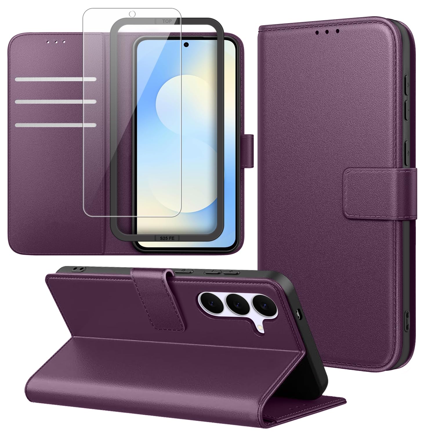 Ysjisy Cover Compatibile con Samsung Galaxy S25 Fe 5G, con 1 Pezzo Vetro Temperato Pellicola Protettiva e 1 Pezzo Strumento di Installazione Semplice, Premium Pelle PU Libro Flip Custodia - Viola