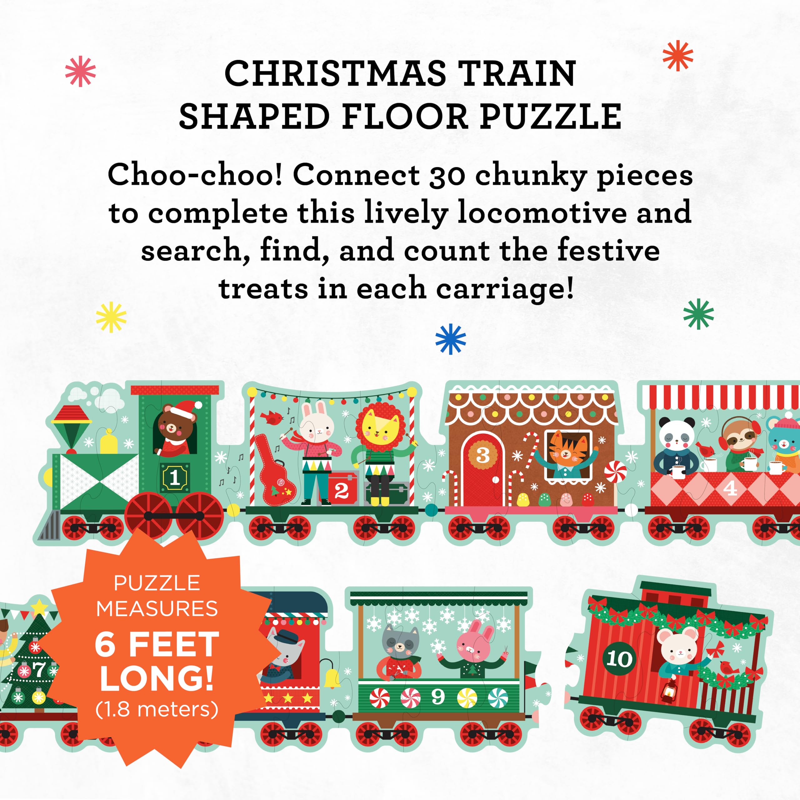 Petit Collage: Christmas Train Shaped Floor Puzzle, Giant 6ft Long 30-Piece Holiday Floor Jigsaw for Toddlers 3+ - Image 2