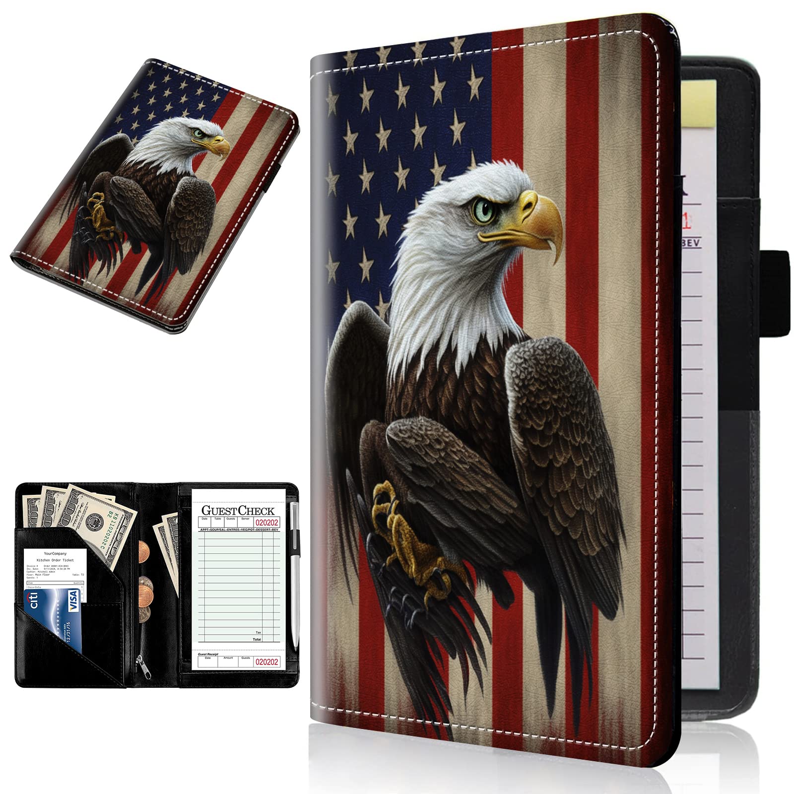 Server Books for Waitress Leather Waitress Book Server with Zipper Money Pocket Cute American Flag Eagle Pattern Design Serving Book Guest Check Book