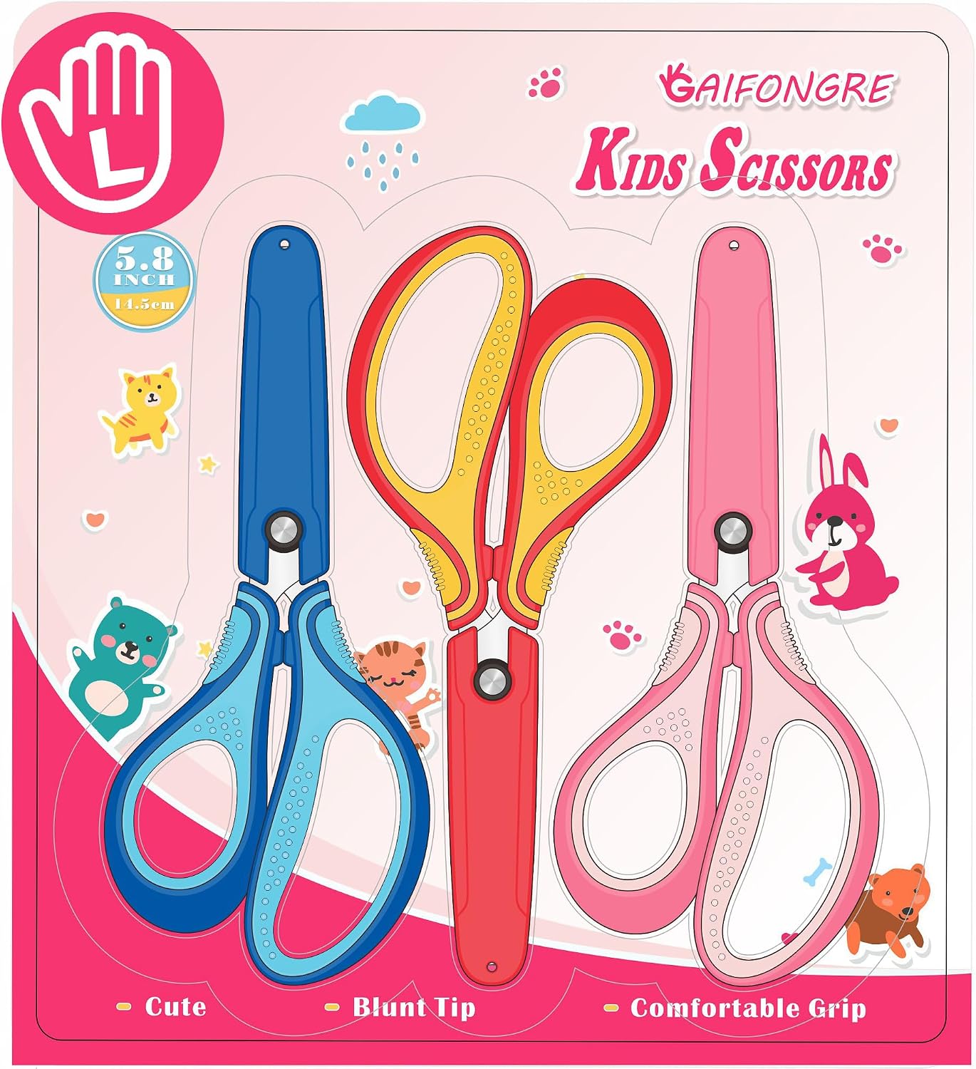 6" Left Handed Scissors for Kids Ages 5-12 - 3 Pack Blunt Tip Safety Stainless Steel School Scissors with Cover, Comfort Soft Grip for Children Teacher Classroom Crafting