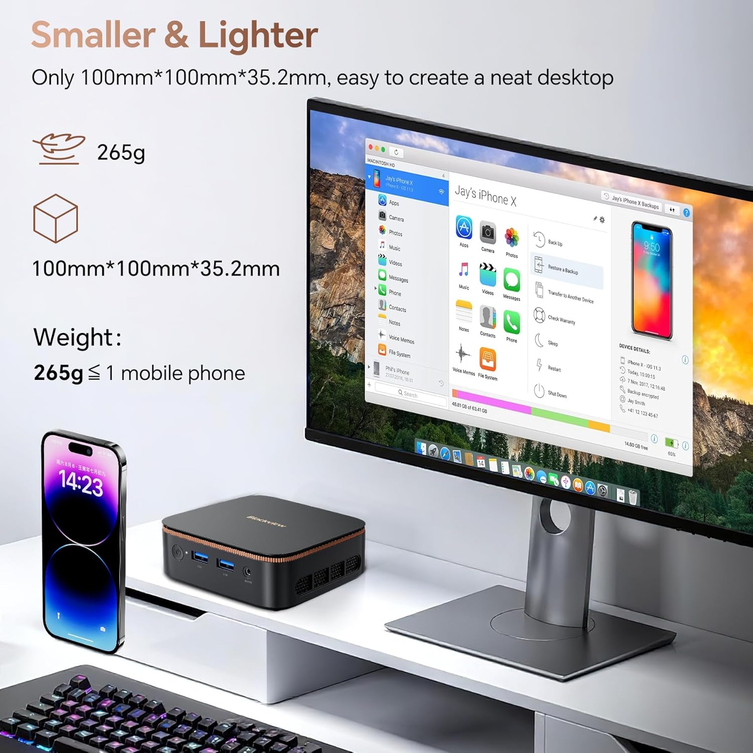 నలుపుview MP20 Mini PC next to a smartphone and monitor, illustrating its small size and light weight.