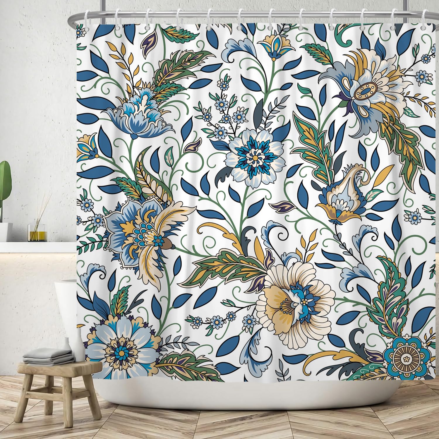 ASDCXZ Flower Shower Curtain 150x180 cm, Spring Vintage Blue Yellow Boho Flowers Green Leaves White Bath Washable Shower Curtains Polyester Textile Waterproof Bath Curtain for Bathtub with 10 Hooks — image 1