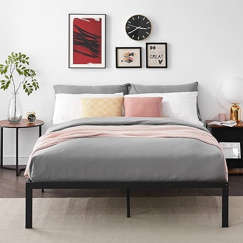 VECELO 14-Inch Bed Frame,Heavy Duty Steel Slat/Noise Free&No Box Spring Needed/Easy Assembly Mattress Foundation Black (Queen), Metal Platform B