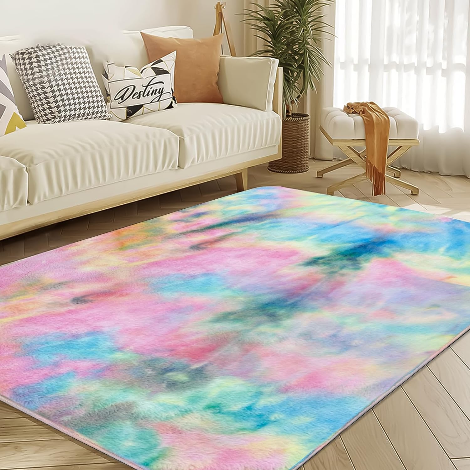 Ultra Soft Area Rug 5x7 Feet, Cosy Fuzzy Faux Fur Area Rug,Indoor Modern Plush Washable Shaggy Rugs for Bedroom Living Room Home Decor, Fluffy Carpet for Kids Room,Nursery,Dorm (Rainbow)