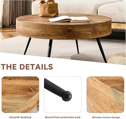 Miniatura 4 de LKTART Mesa de centro para sala de estar, mesas de centro redondas de madera con almacenamiento, mesa de té moderna de centro de metal para