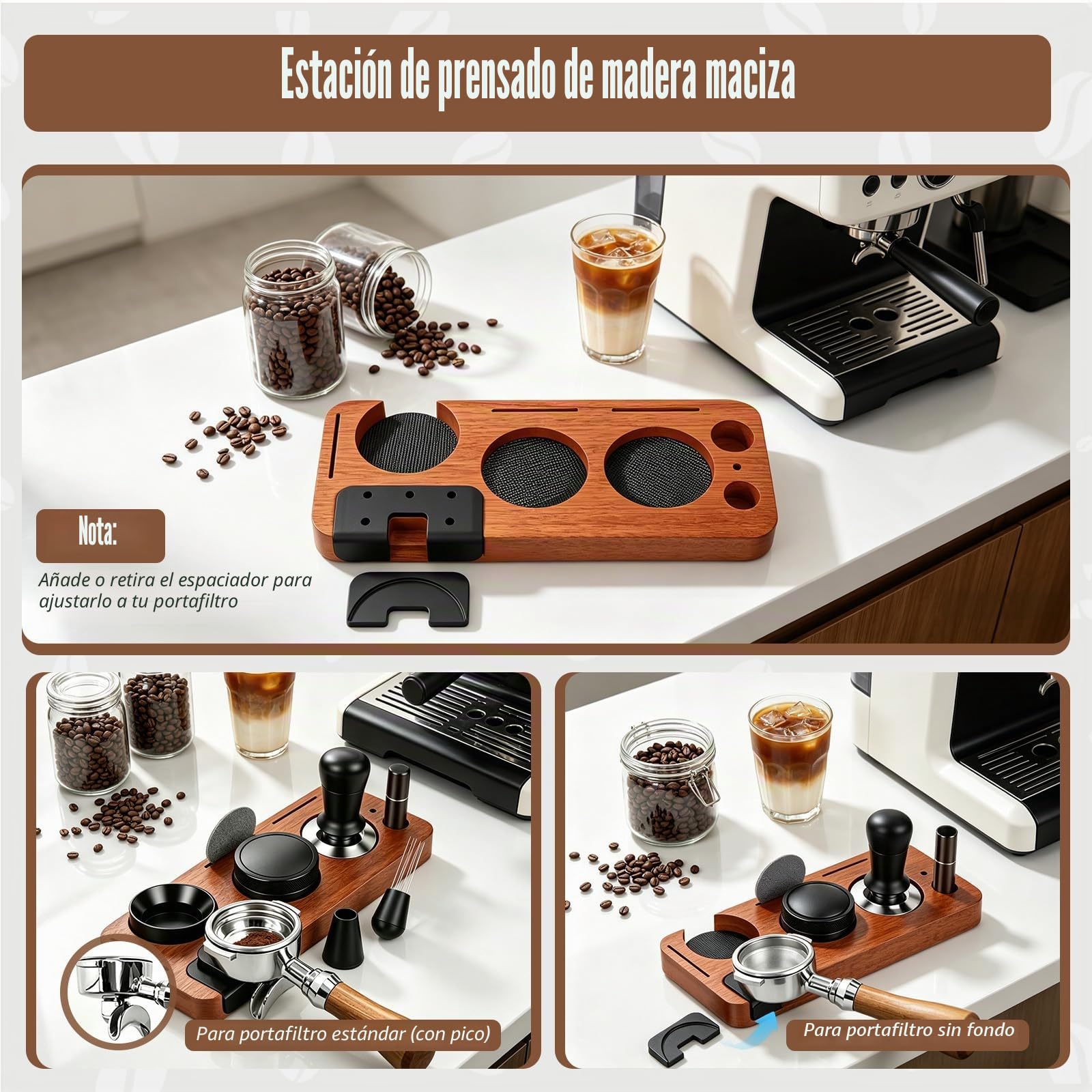 Set de Accesorios para Espresso de 8 Piezas, para Máquinas Espresso | Prensador 51mm con Estación de Prensado, Nivelador, Herramienta WDT, Anillo Dosificador, Cepillo, Filtro Puck Screen, Varilla