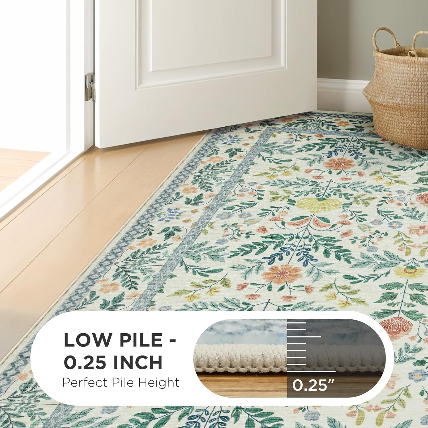 Joydeco Boho Floral Machine Washable Round Rugs 5ft, Beige Flower Circle Girls Bedroom Nursery Area Rug Non Slip, Circular Indoor Carpet for Kids Playroom Living Dining Room Classroom