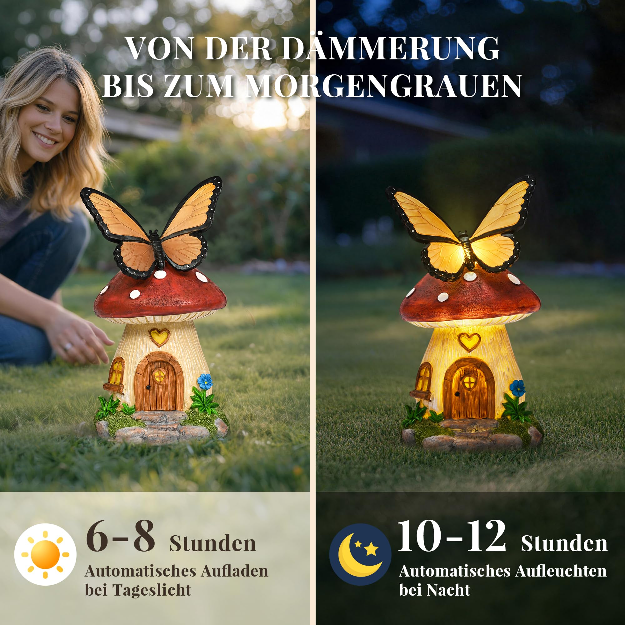 GIGALUMI Solar Schmetterlings Pilzhäuser, Gartendeko für Außen, Geschenke für Mama, Muttertagsgeschenke, Wasserfeste Pilz Gartendekoration für Garten, Terrasse, Geburtstagsgeschenk für Frauen - 2