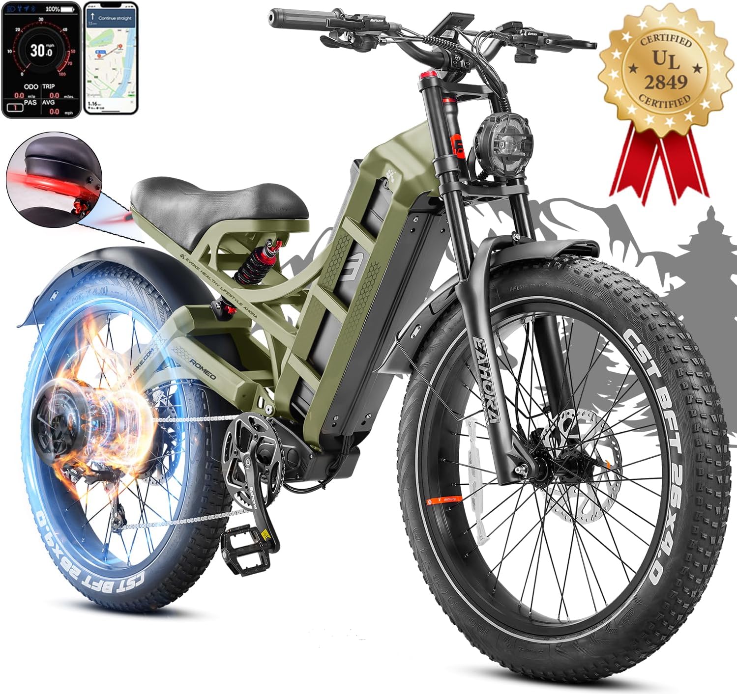 Romeo Pro Ⅱ/ Romeo Pro[2024 Newest] 3000W/ Peak 1600W 60A Electric Bike for Adults, 26″ Fat Tire Electric Mountain Bike Full Suspension Long Range 100-200 Miles EBikes, UL Certified