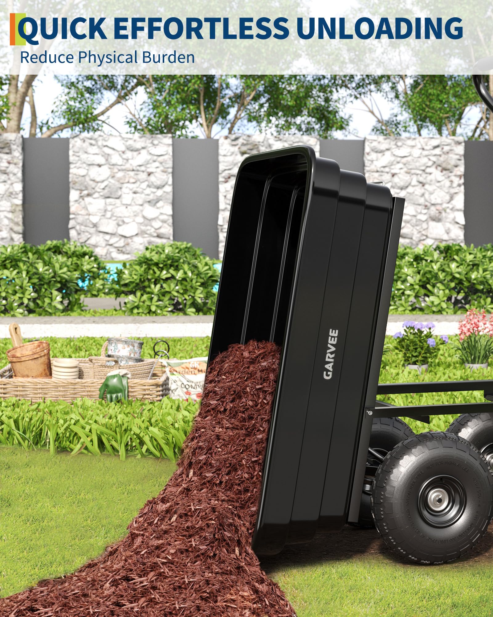 GarveeHome Gartenwagen mit Kippfunktion bis 270 kg Transportwagen | Bollerwagen mit Lenkachse Luftbereifung auf Stahlfelge, Gartenkarre Dumper für Gartenarbeit Rasen