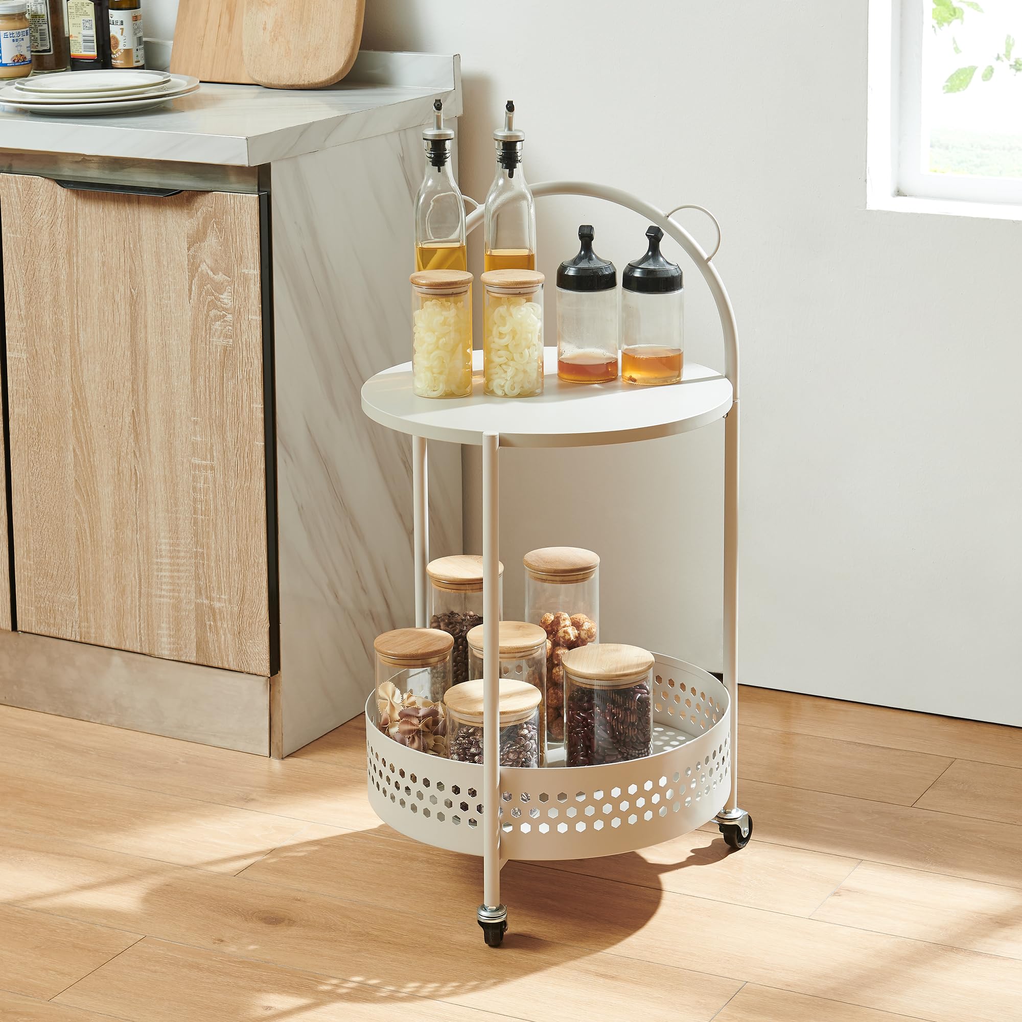 [en.casa] Carro de Servicio Jässaatka de 2 Niveles Carrito de Restaurante Estantería de Baño con 2 Estantes en Forma Redonda y 3 Ruedas Carrito de Cocina Versátil Metal 76 x Ø 40 cm - Gris