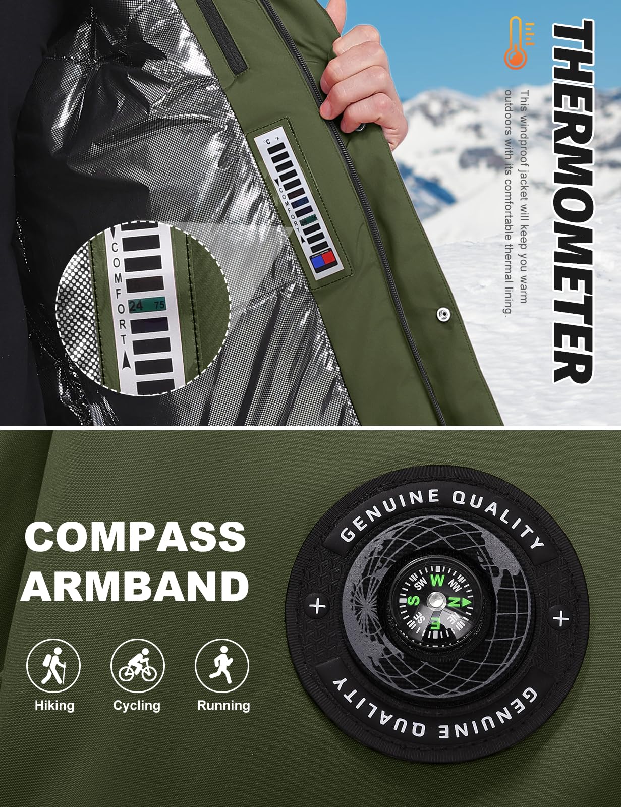 Voqeen Chaqueta de Esqui Hombre Impermeable Cazadora Cálida Aire Libre Térmica Capucha Desmontable Antiviento