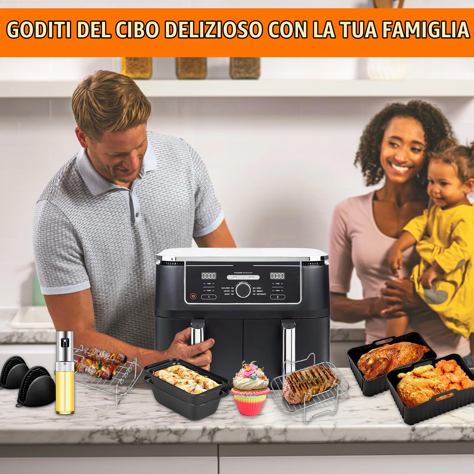 Accessori Friggitrice Ad Aria, Set di 21 Accessori per Friggitrice Ad Aria Ninja Foodi Dual Zone AF300EU AF400EU Innsky COSORI 7,6L-9,5L, Teglie & Griglia & Carta da Forno& Pinza Airfryer Accessories